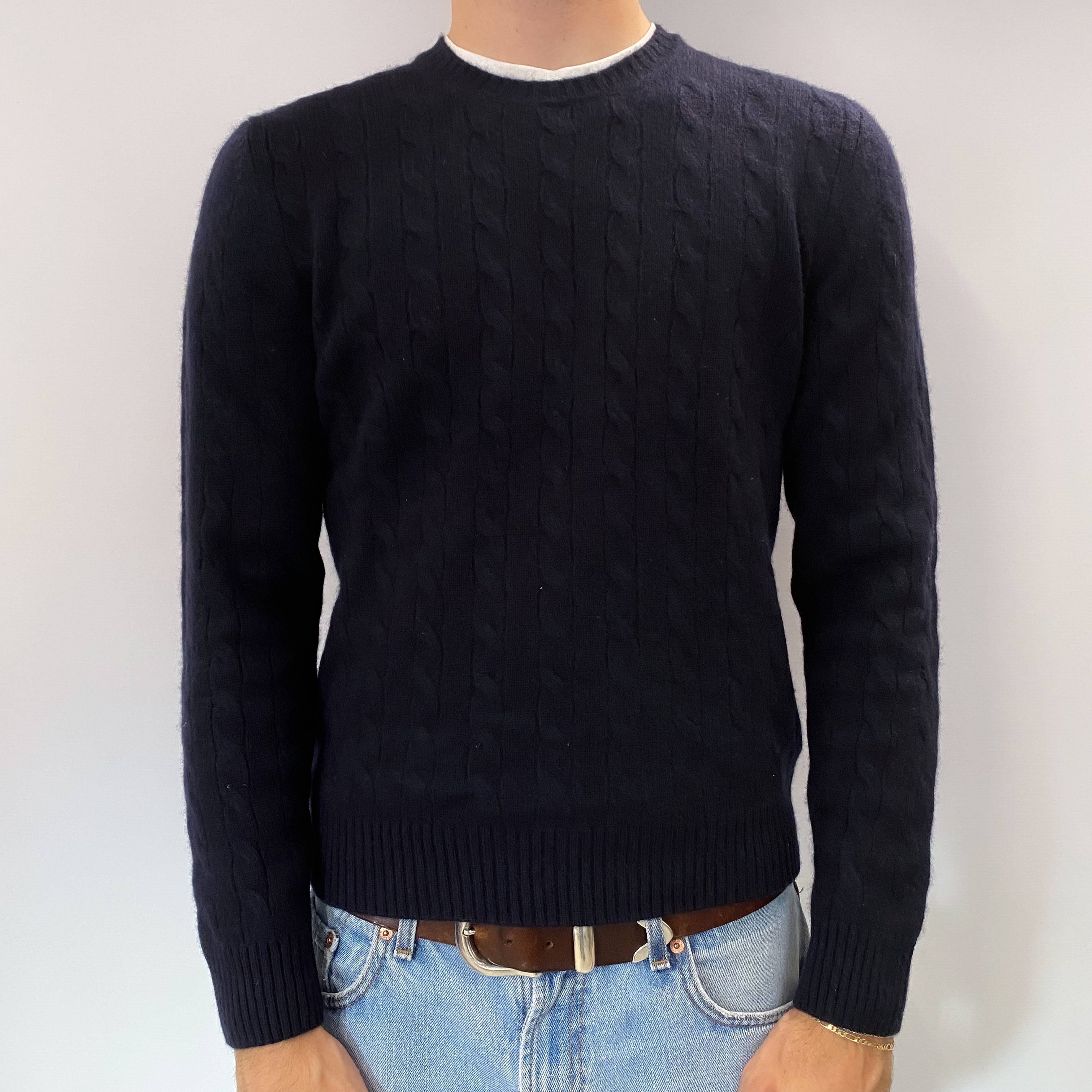 Men's Scottish Dark Navy Blue Cashmere Crew Neck Jumper Medium