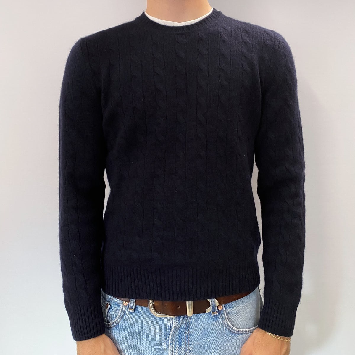 Men's Scottish Dark Navy Blue Cashmere Crew Neck Jumper Medium