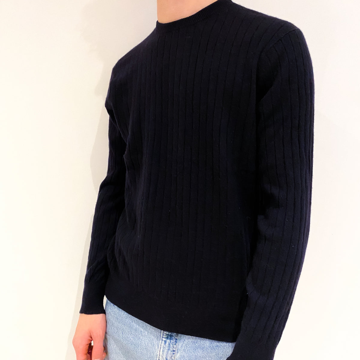 Men's Dark Navy Rib Cashmere Crew Neck Jumper Large