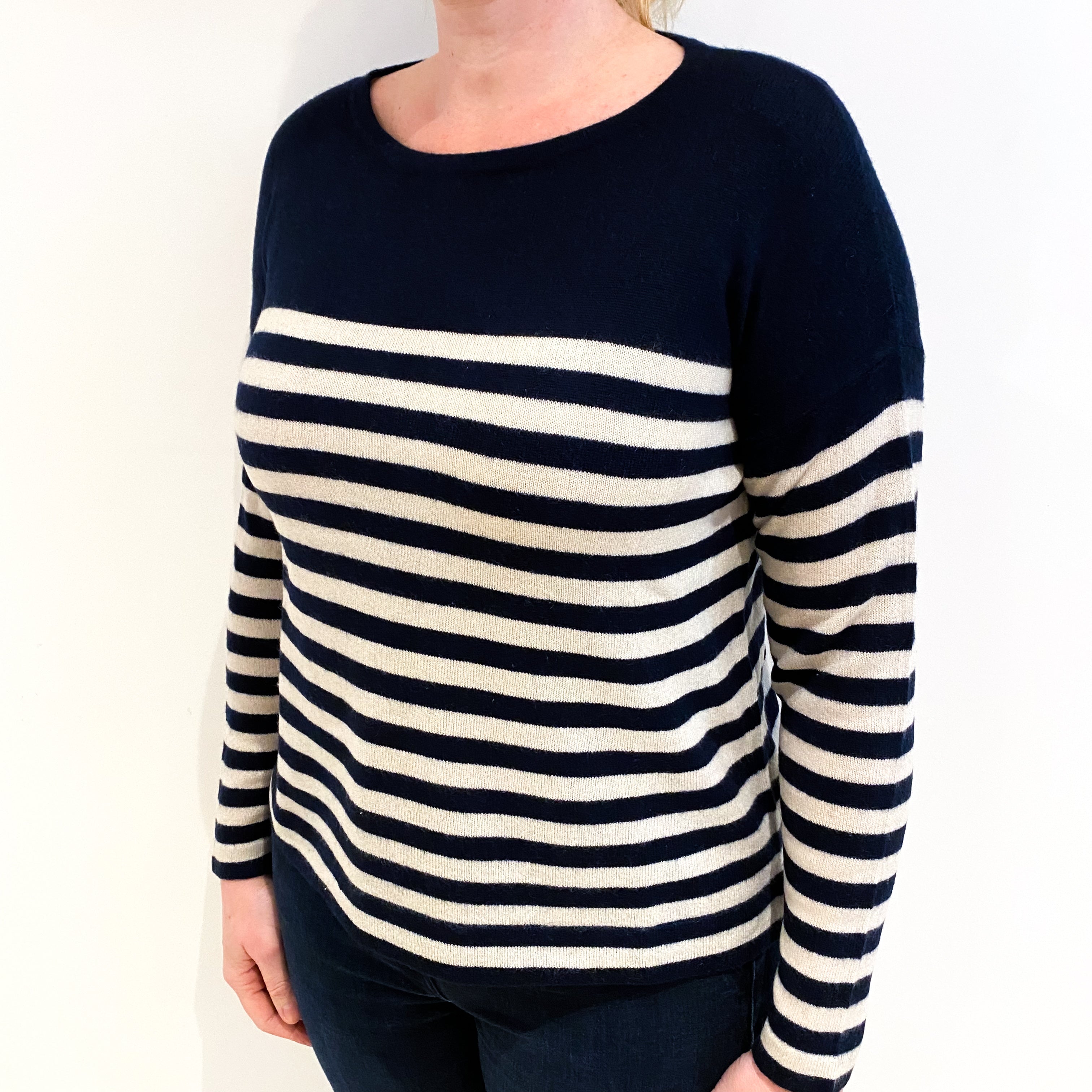 Navy And Cream Stripe Cashmere Crew Neck Jumper Large