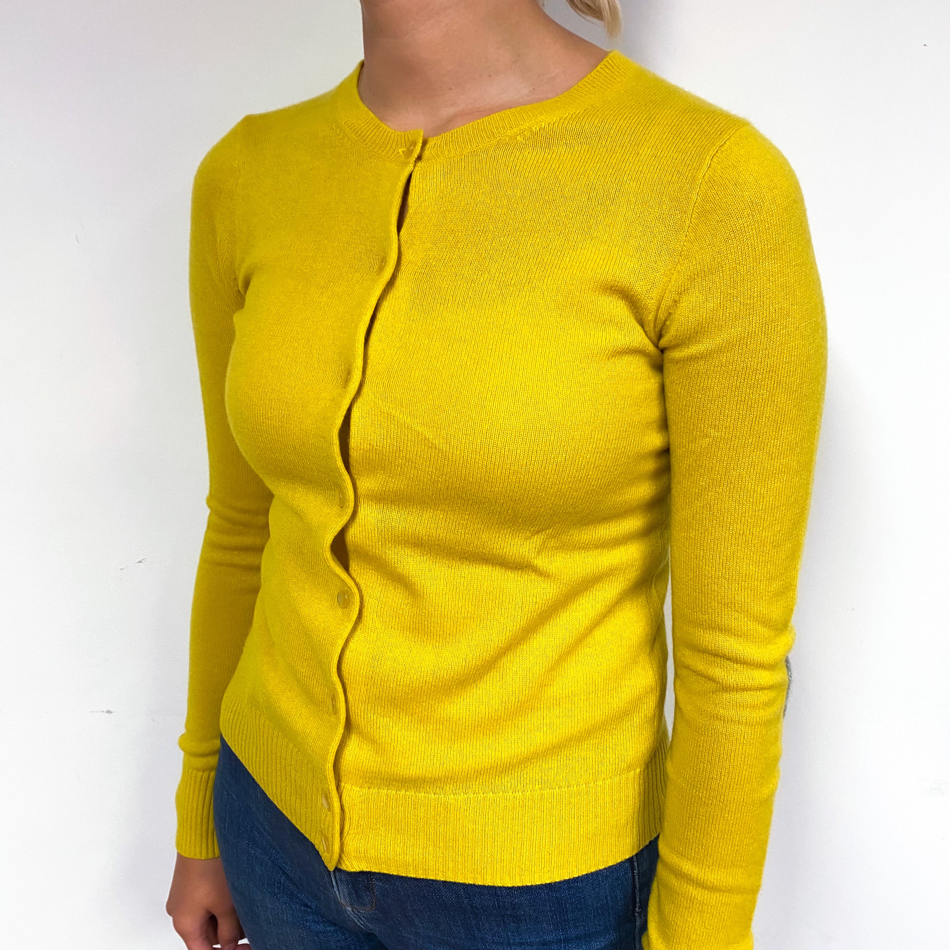 Sunflower Yellow Elbow Patch Cashmere Crew Neck Cardigan Small