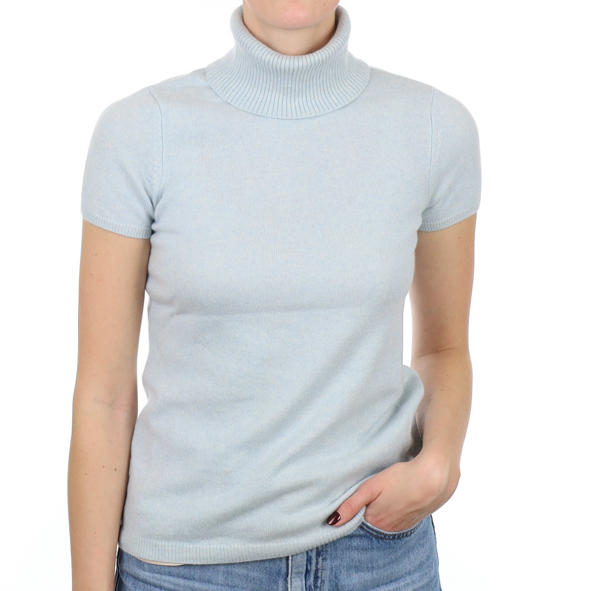 Opal Blue Cashmere Short Sleeve Polo Neck Jumper Small