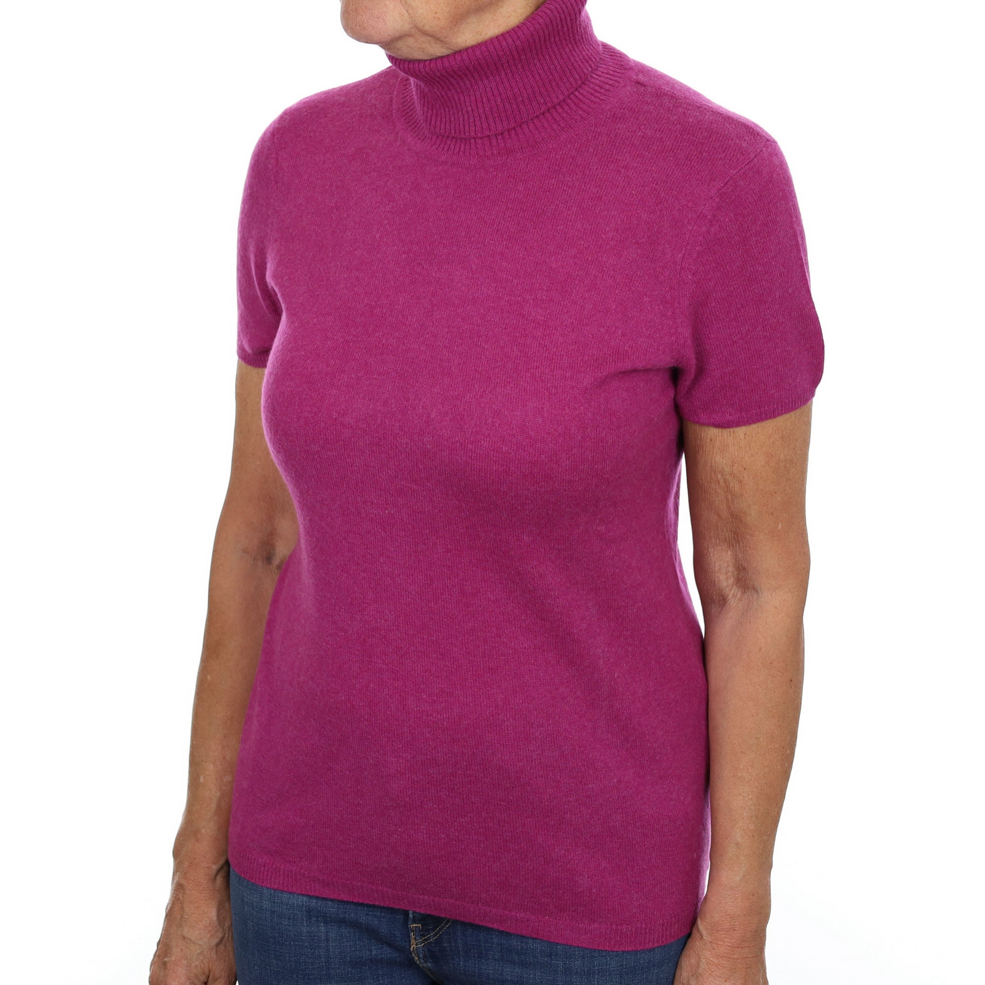 Magenta Pink Cashmere Polo Neck Short Sleeved Jumper Medium