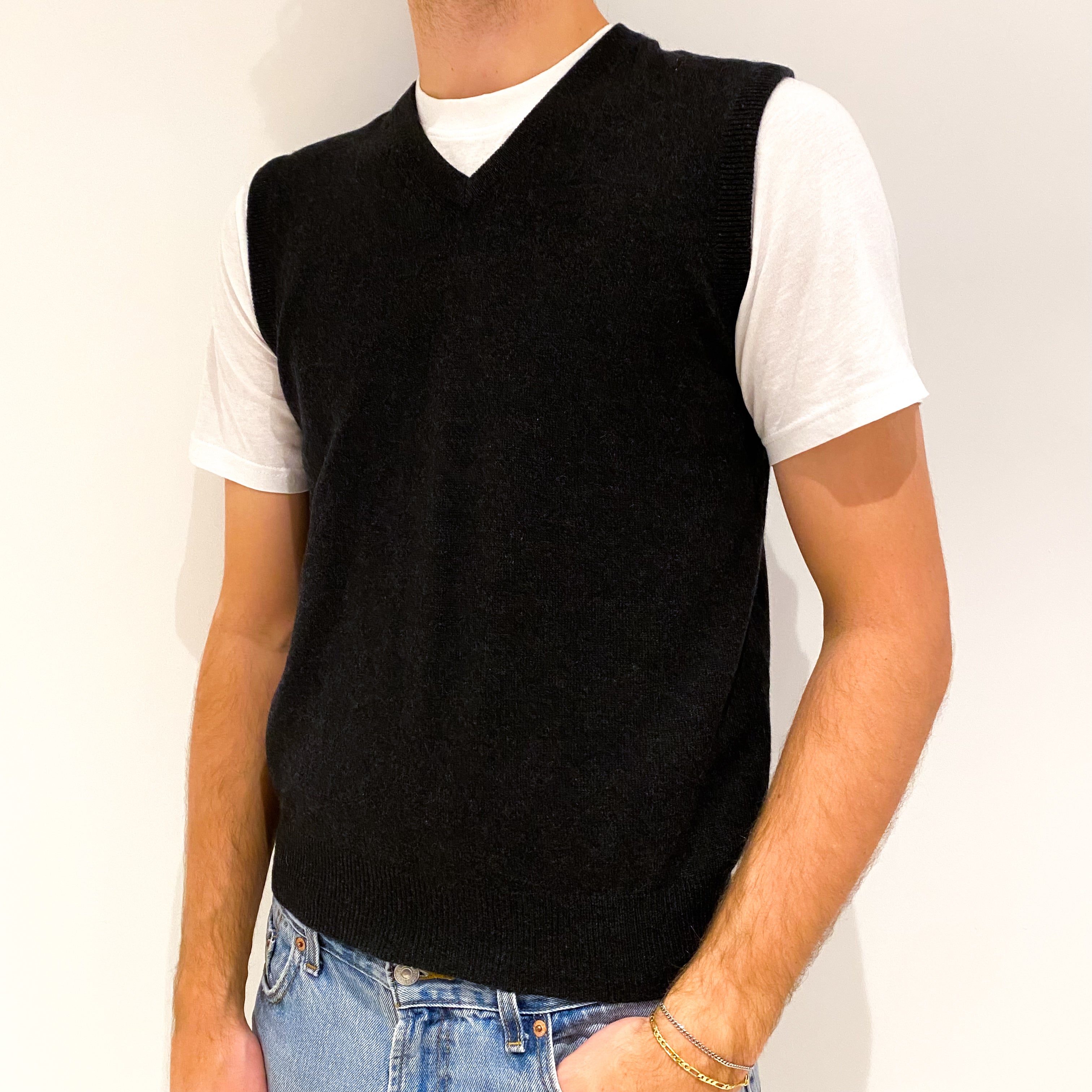 Men's Charcoal Grey Cashmere V-Neck Tank Top Jumper Medium