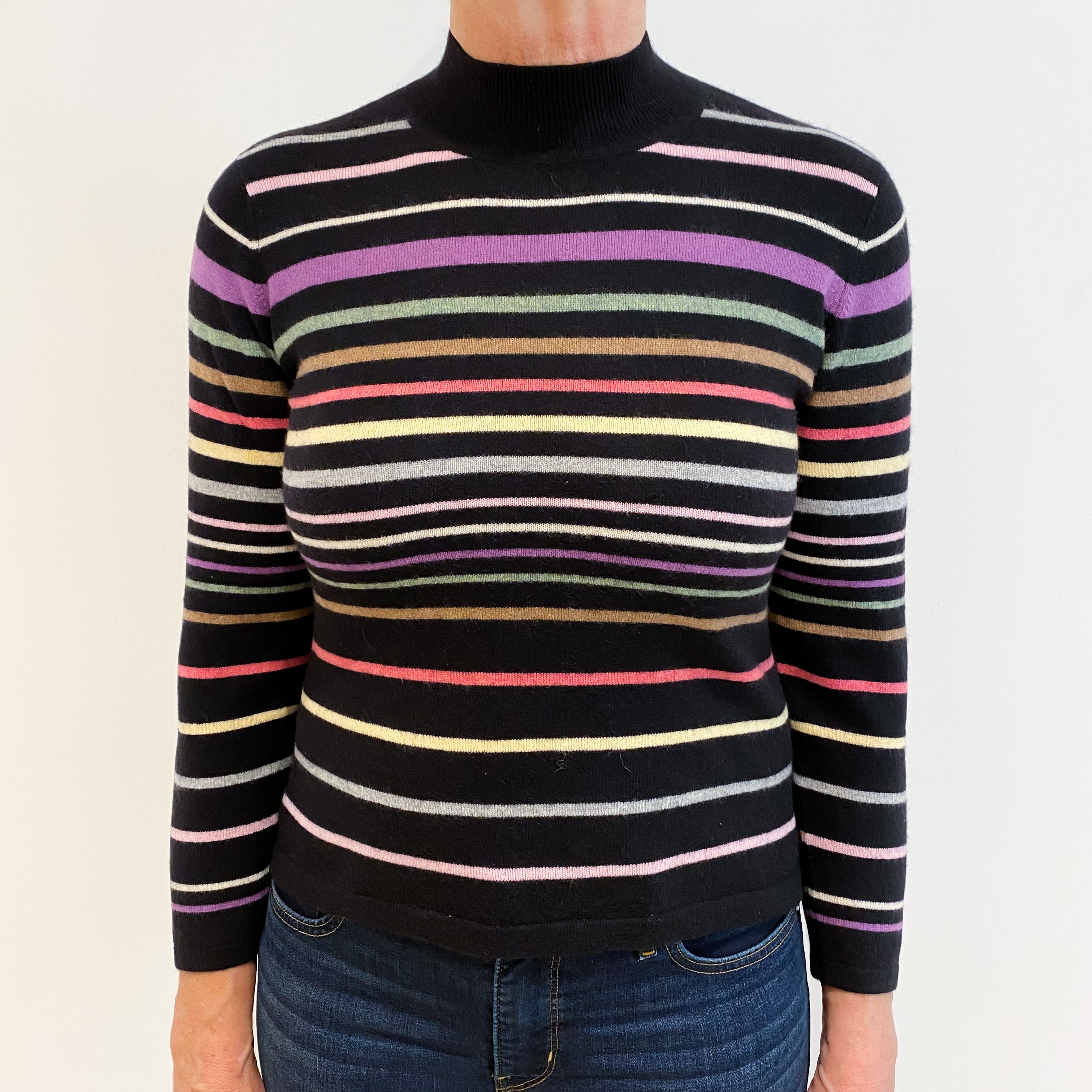 Black Colourful Stripe Cashmere Turtle Neck Jumper Medium