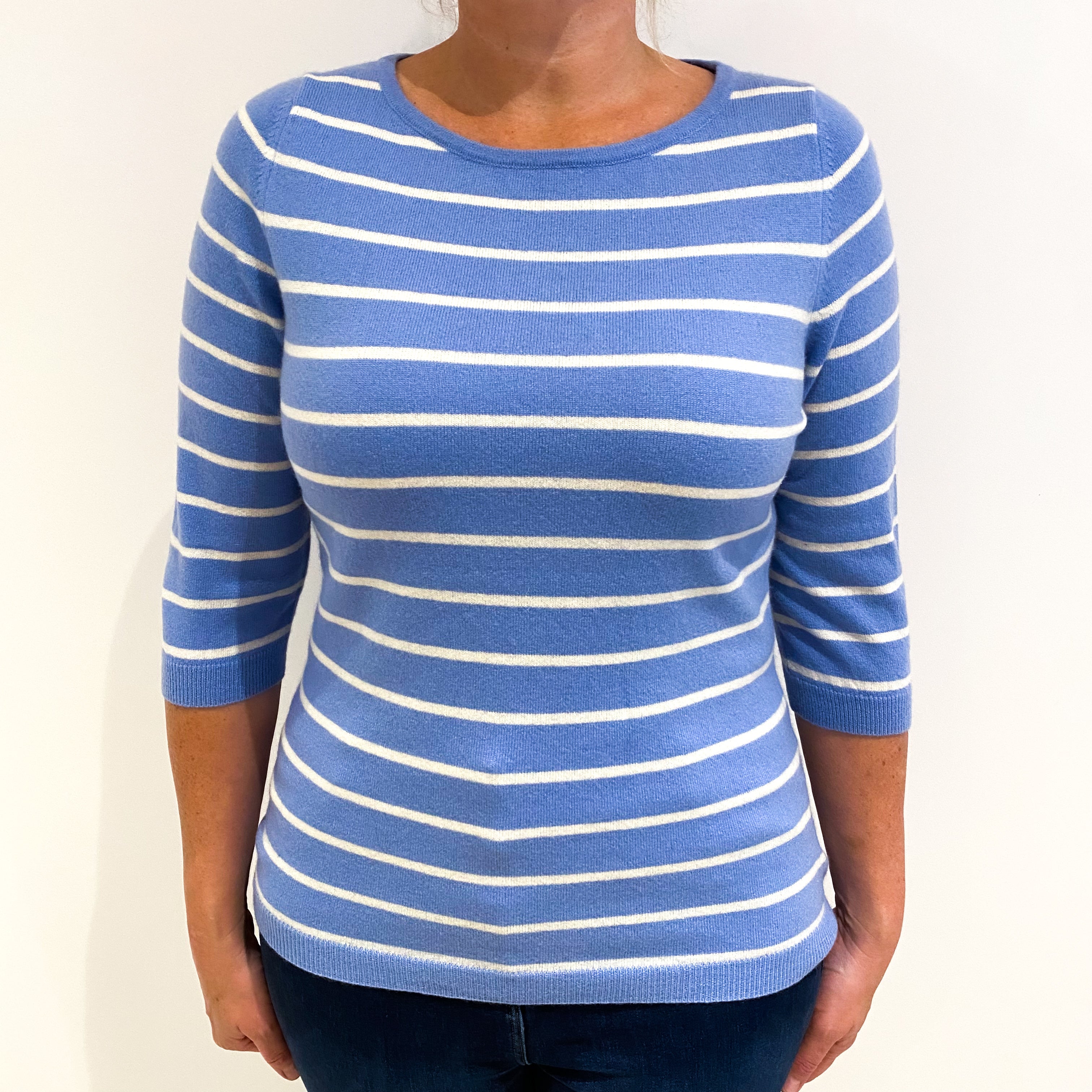 Sky Blue Cream Striped Cashmere Crew Neck Jumper Large