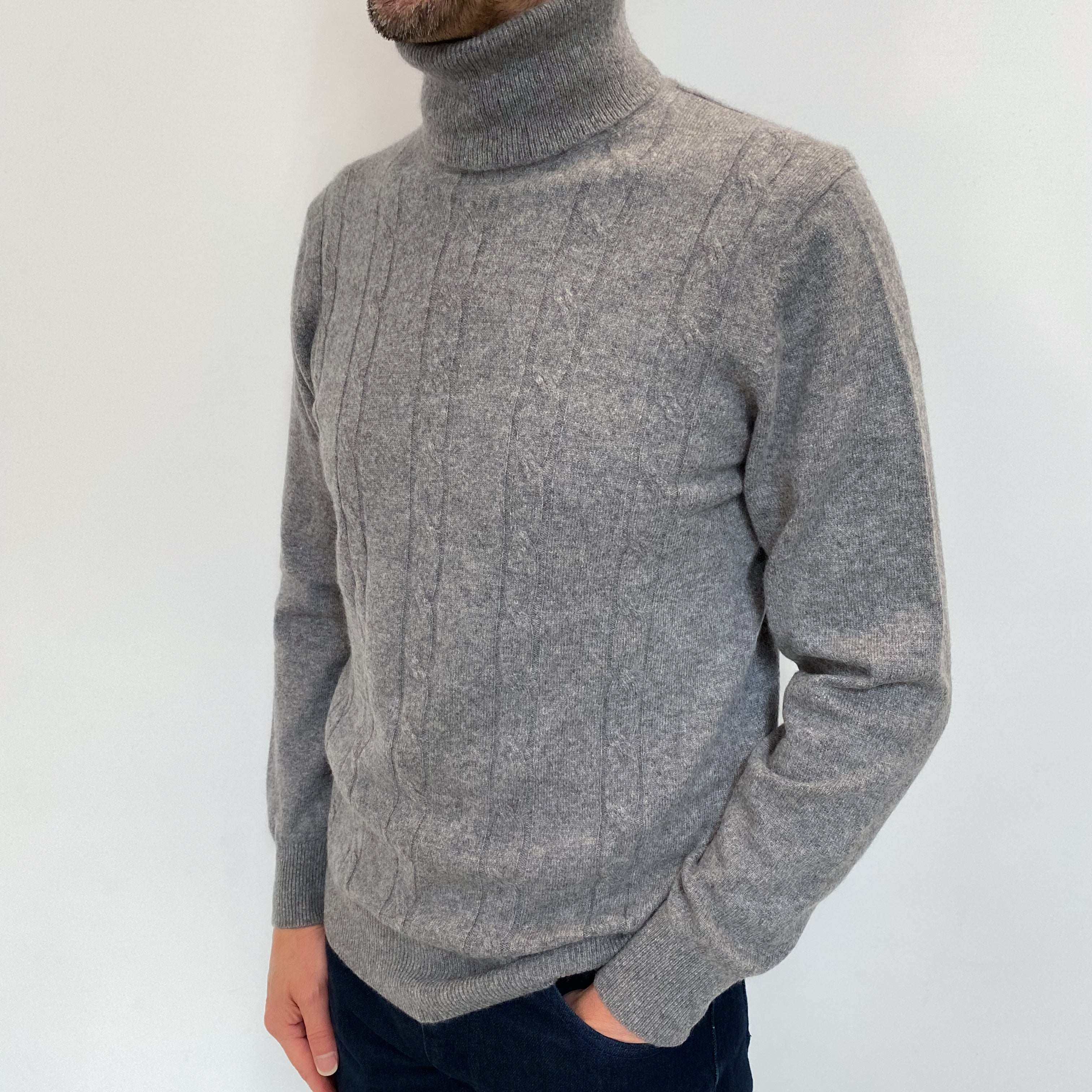 Men's Ash Grey Cashmere Polo Neck Jumper Small