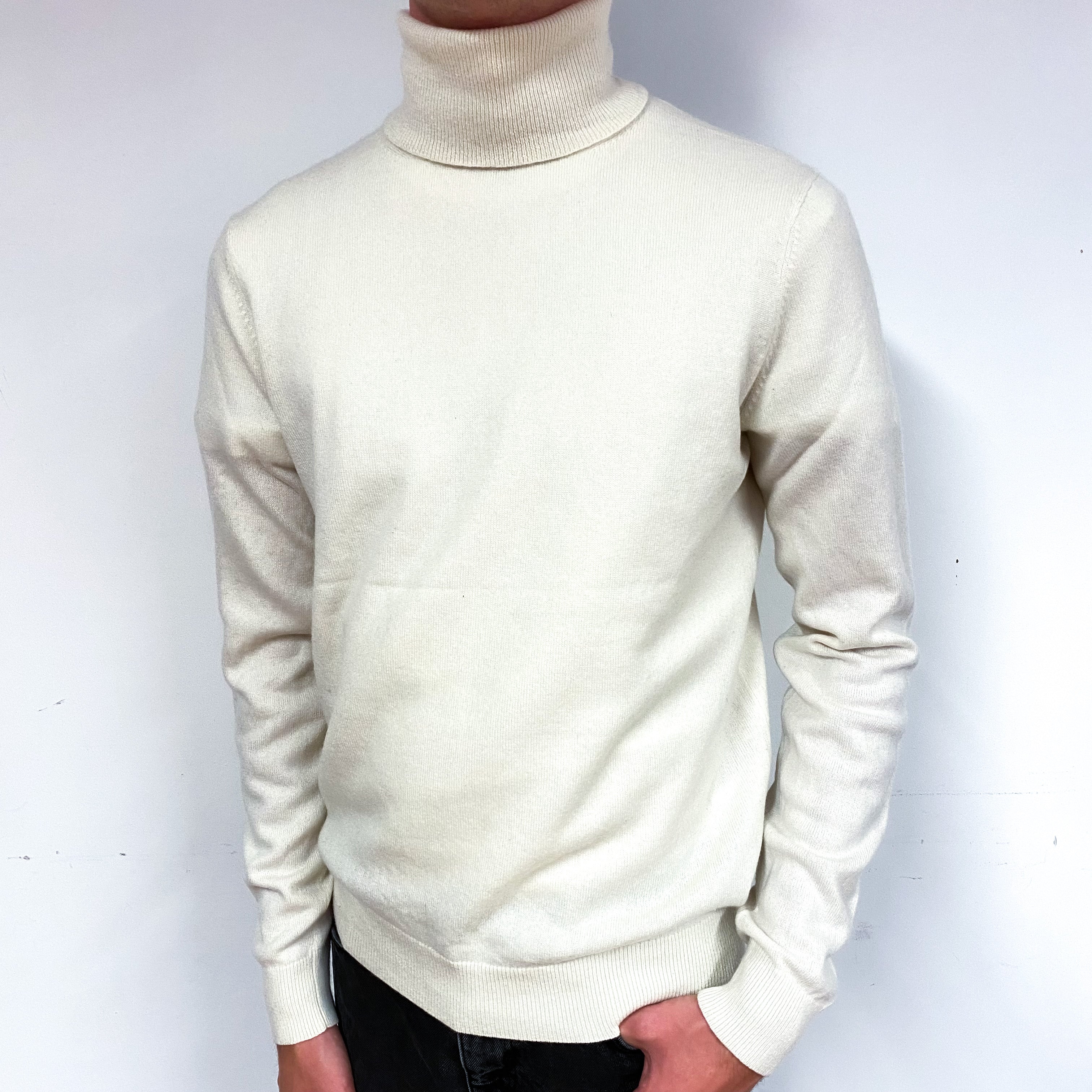 Men's Cream Cashmere Polo Neck Jumper Small