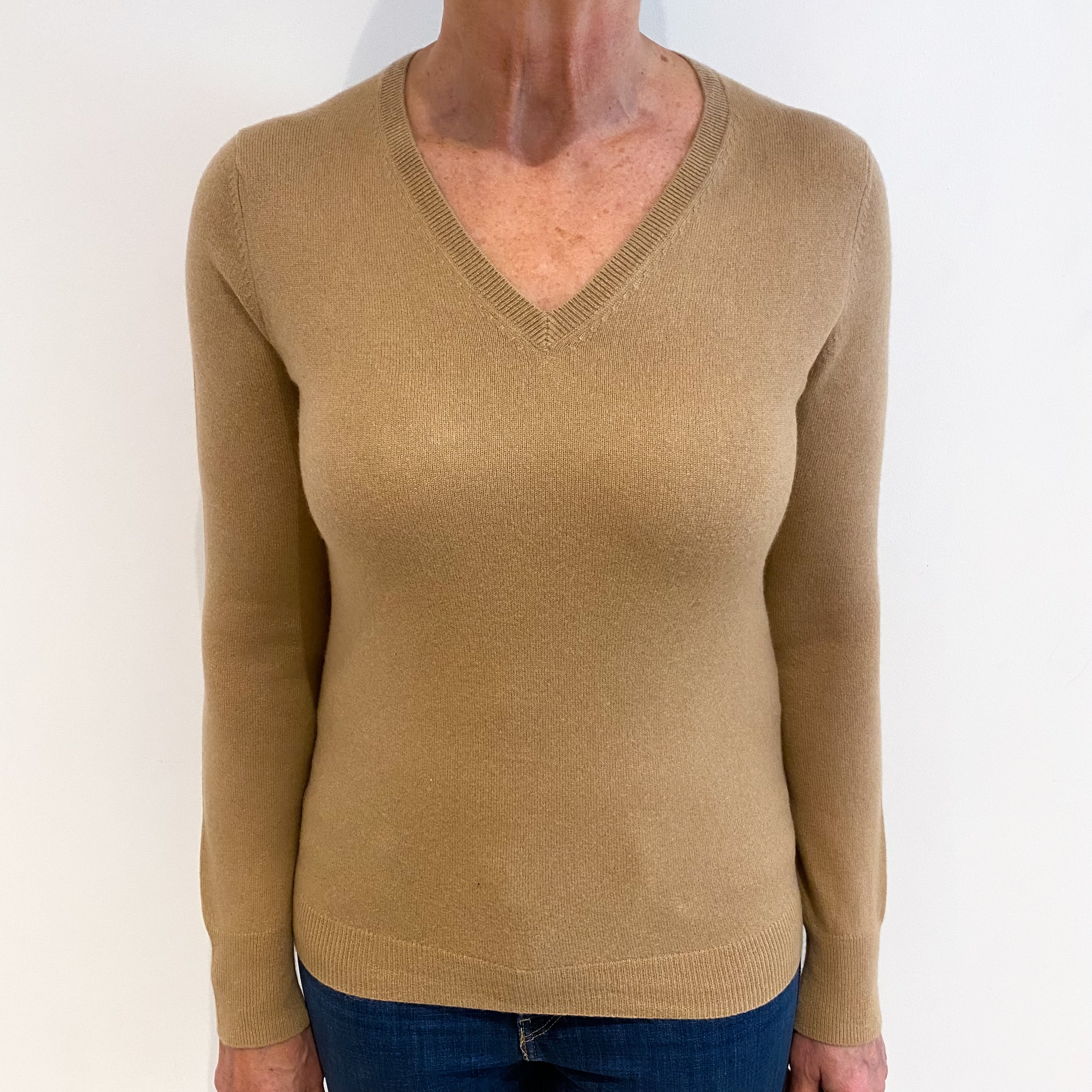 Camel Brown Cashmere V Neck Jumper Medium