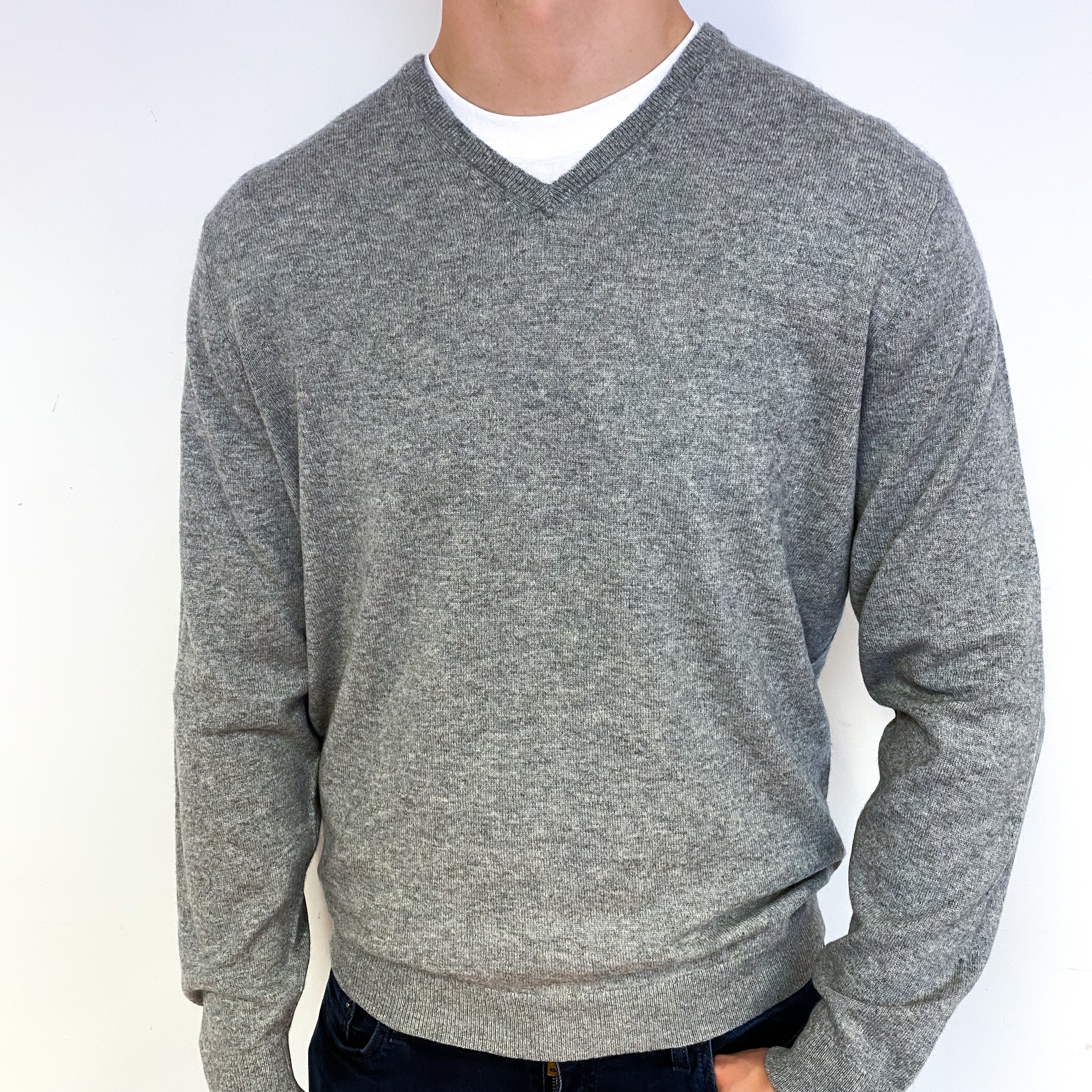 Men's Ash Grey Cashmere V-Neck Jumper Extra Large