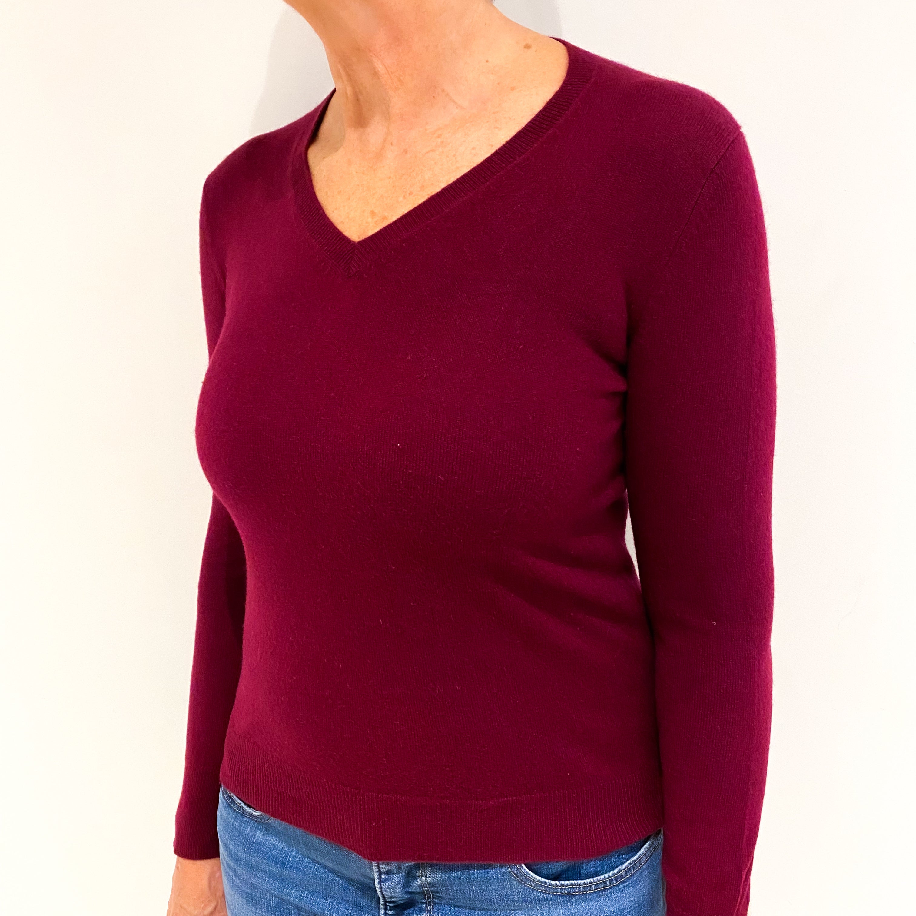 Claret Red Cashmere V Neck Jumper Medium