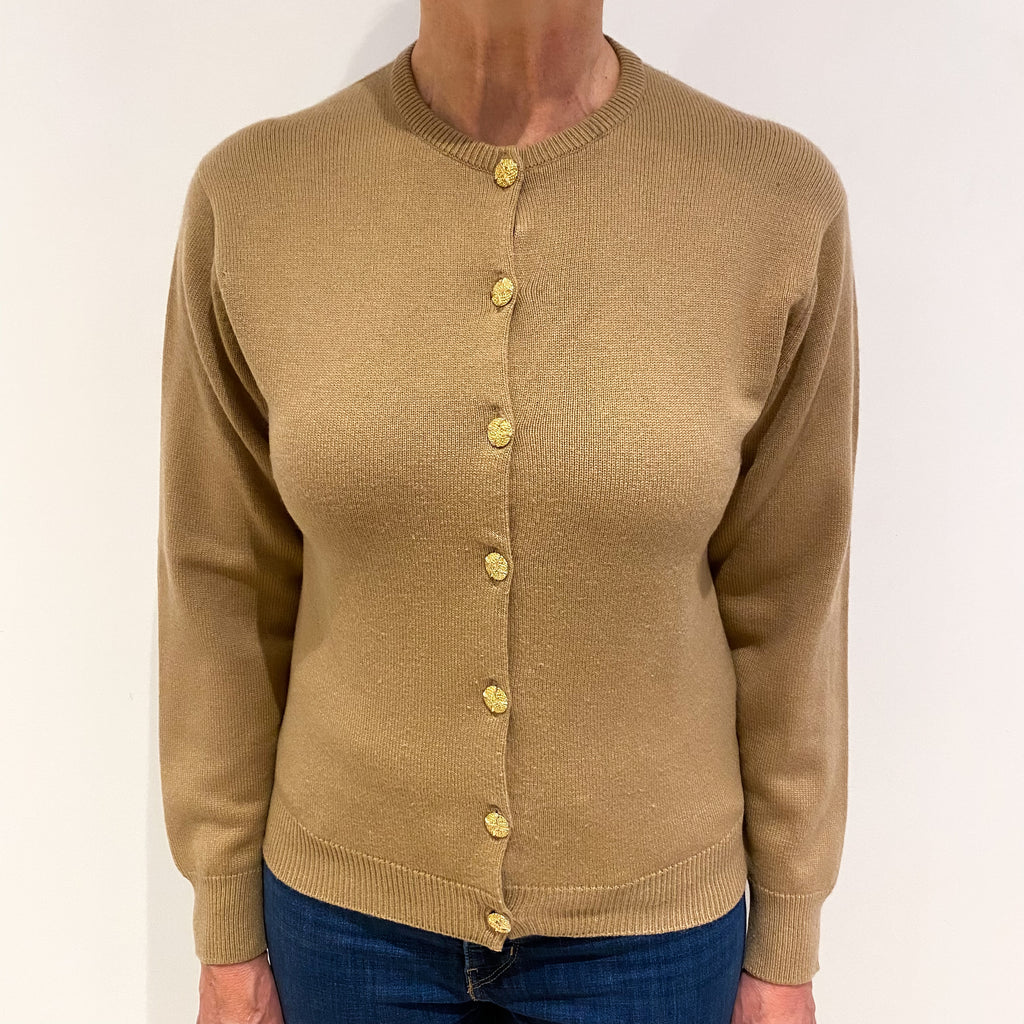 Scottish Camel Brown Cashmere Crew Neck Cardigan Medium