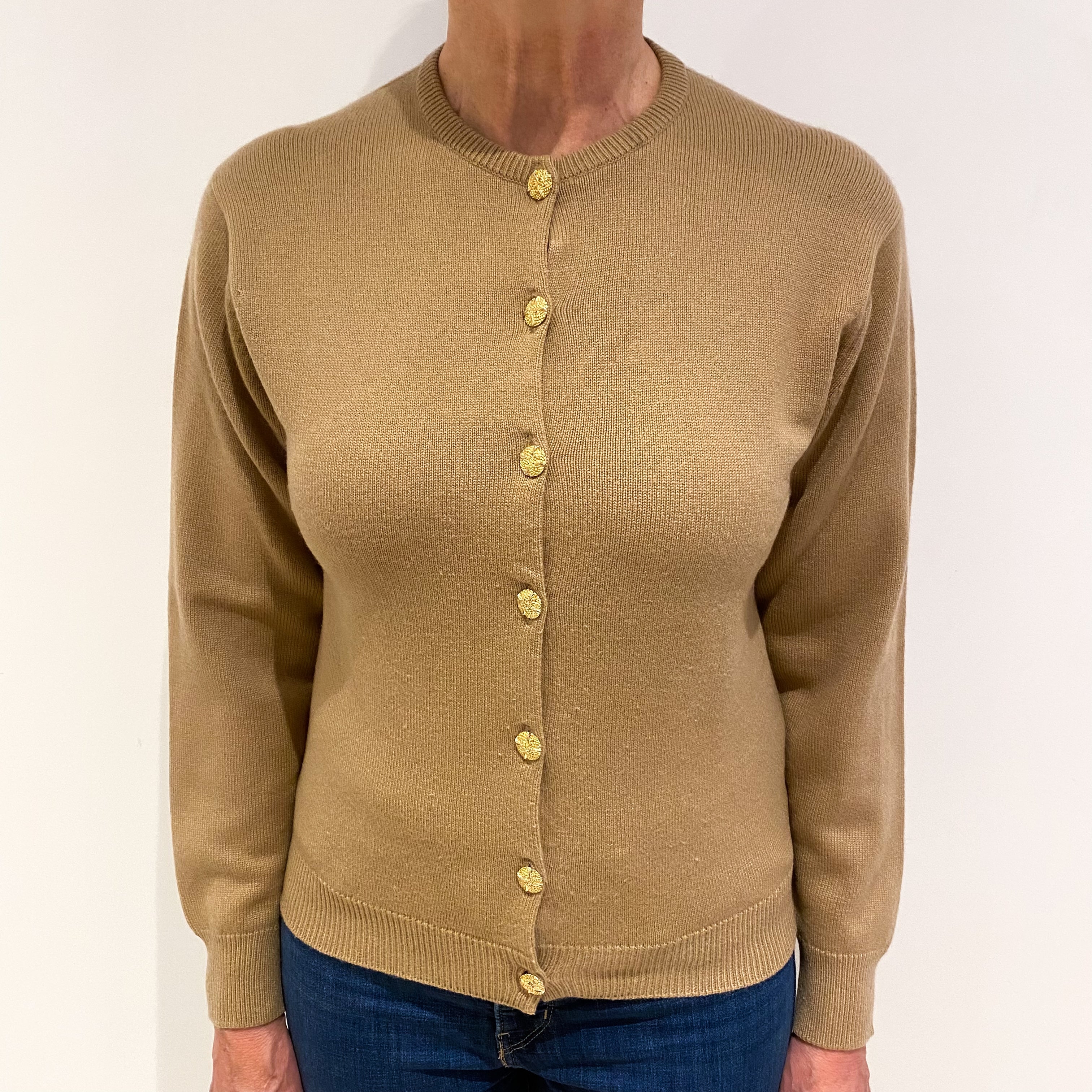 Scottish Camel Brown Cashmere Crew Neck Cardigan Medium