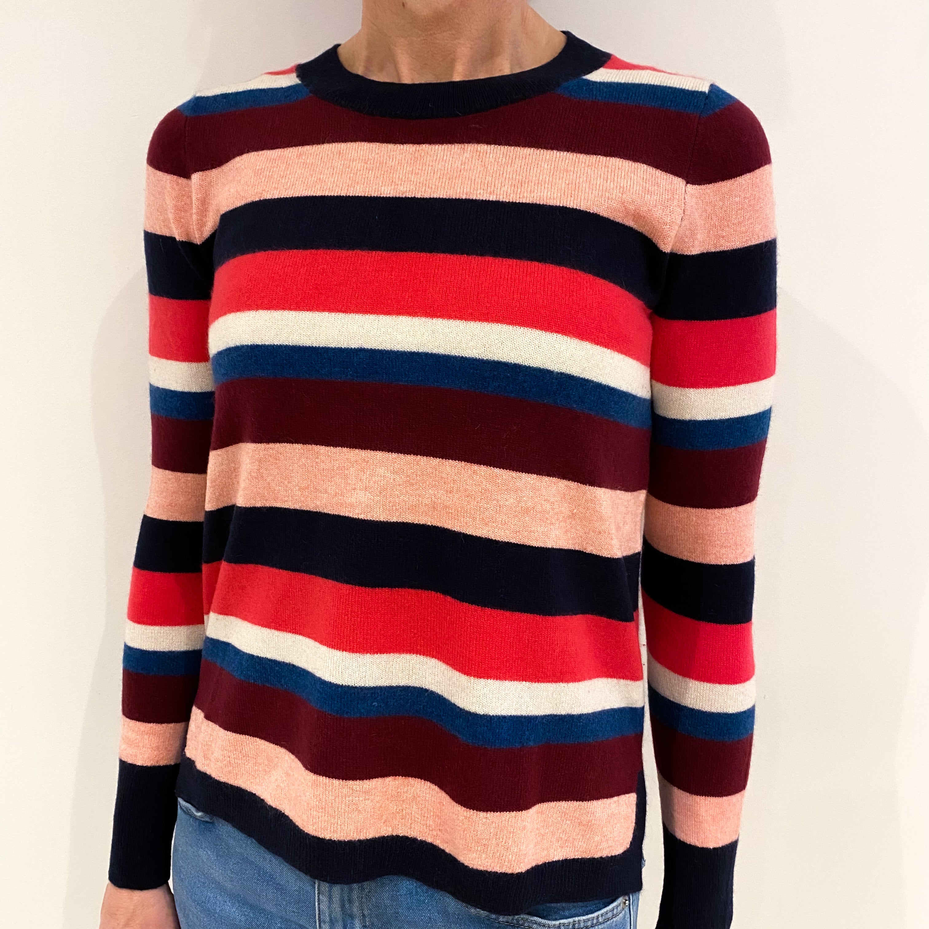 Navy Striped Cashmere Crew Neck Jumper Small
