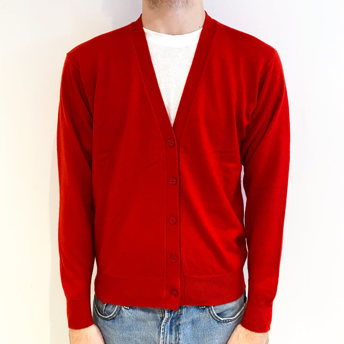 Men's Vermillion Red Cashmere V Neck Cardigan Medium