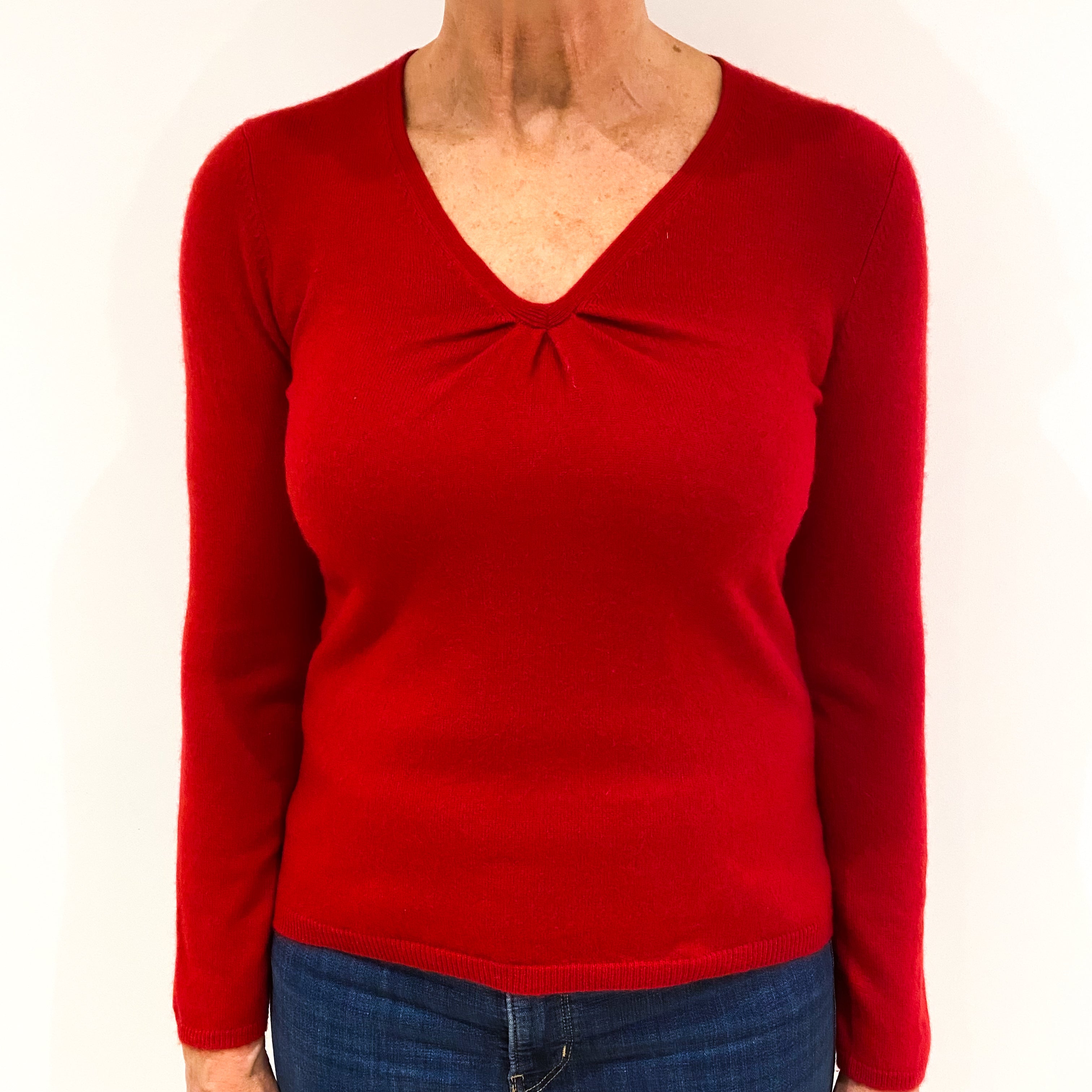 Post Box Red Cashmere Gathered V-Neck Jumper Medium