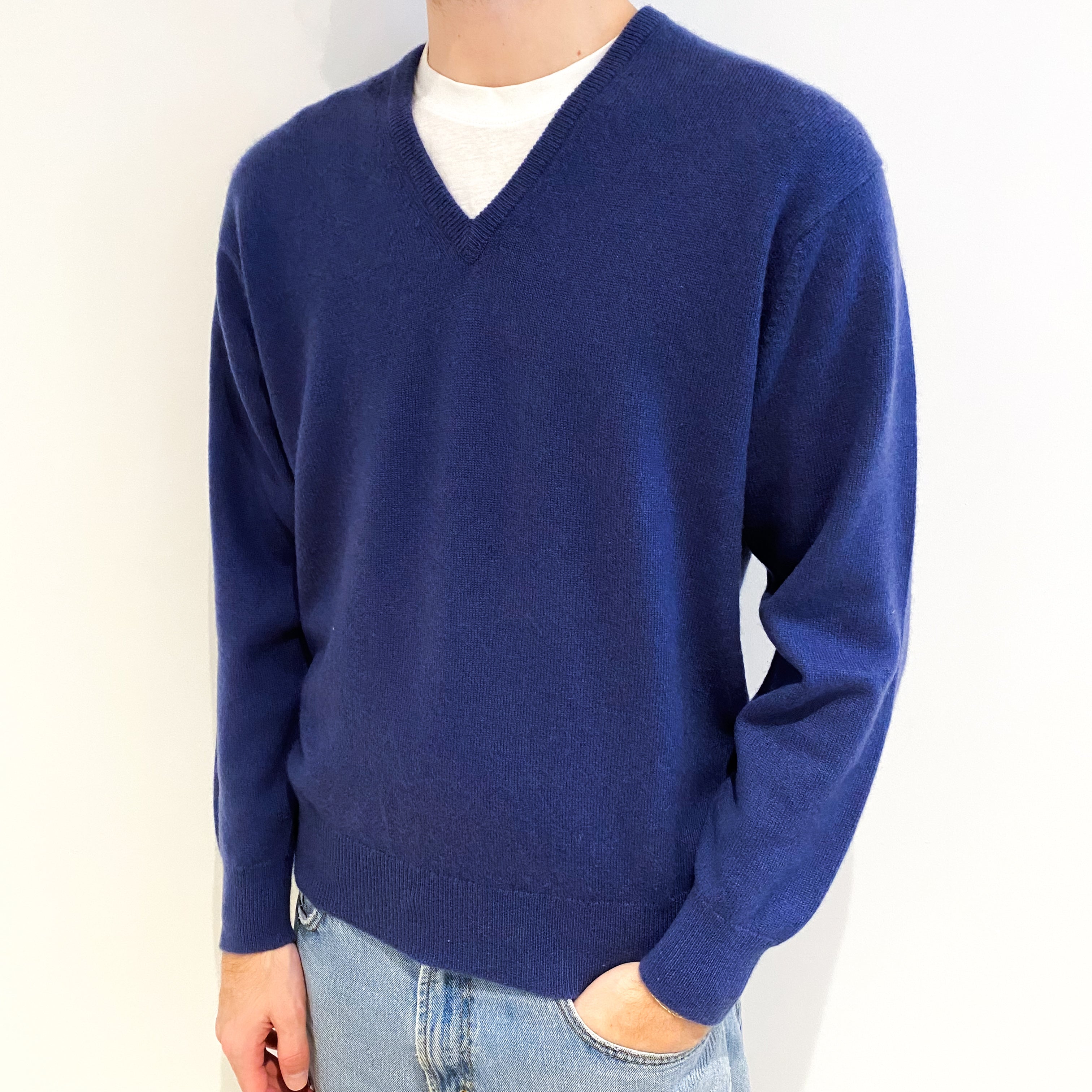 Men's Airforce Blue Cashmere V Neck Jumper Large