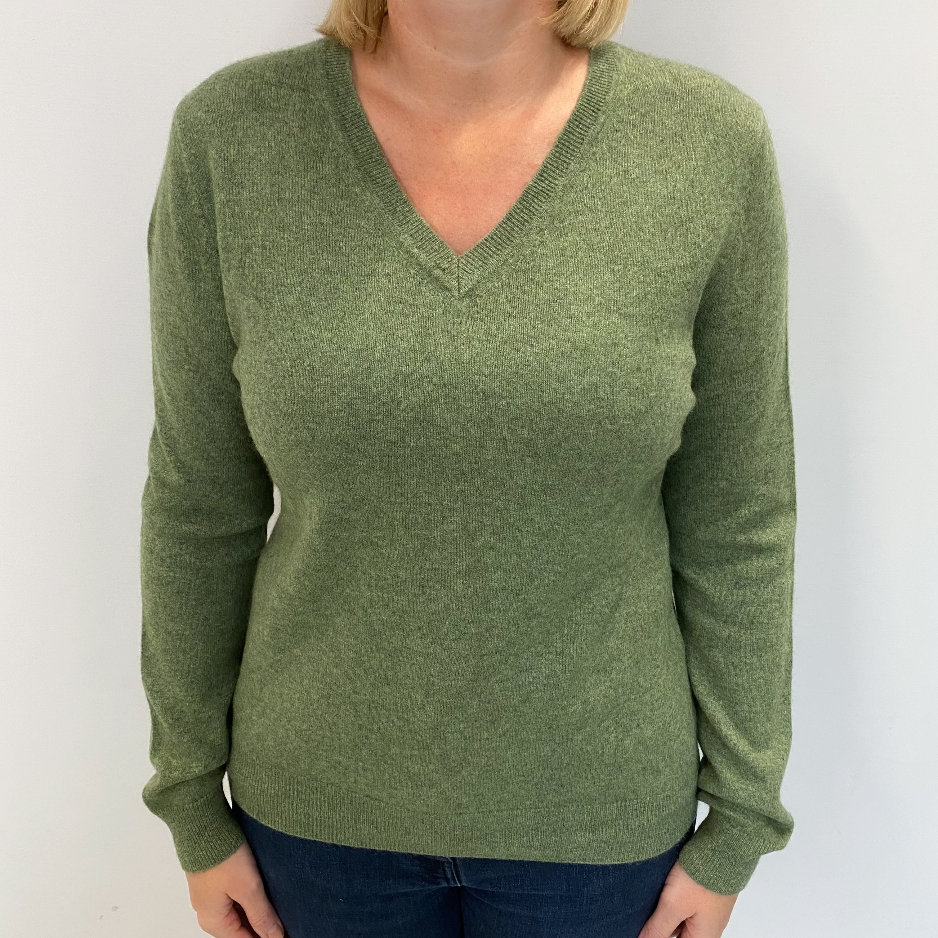 Basil Green Marl Cashmere V Neck Jumper Large
