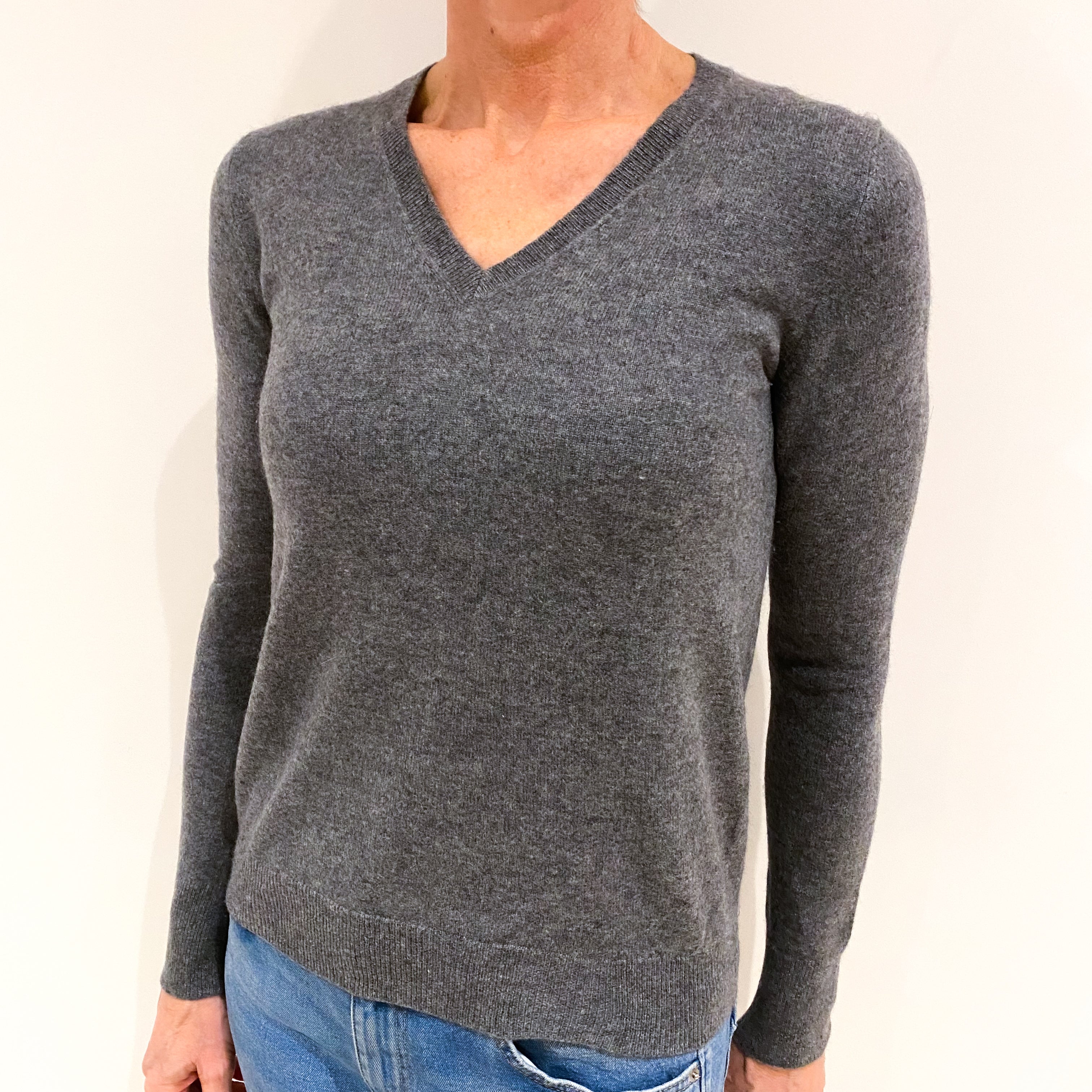 Slate Grey Cashmere V Neck Jumper Small