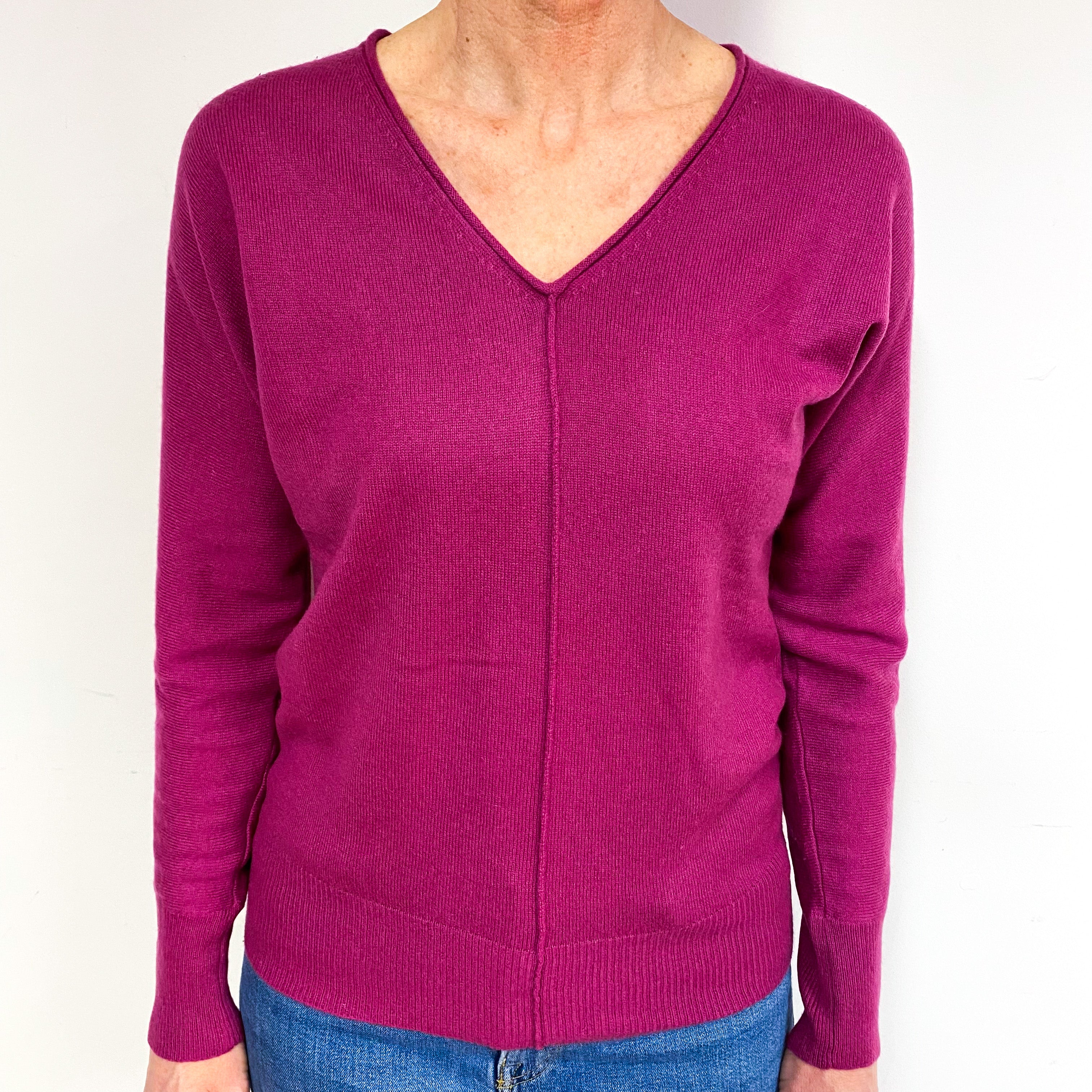 Magenta Pink Cashmere V-Neck Jumper Medium