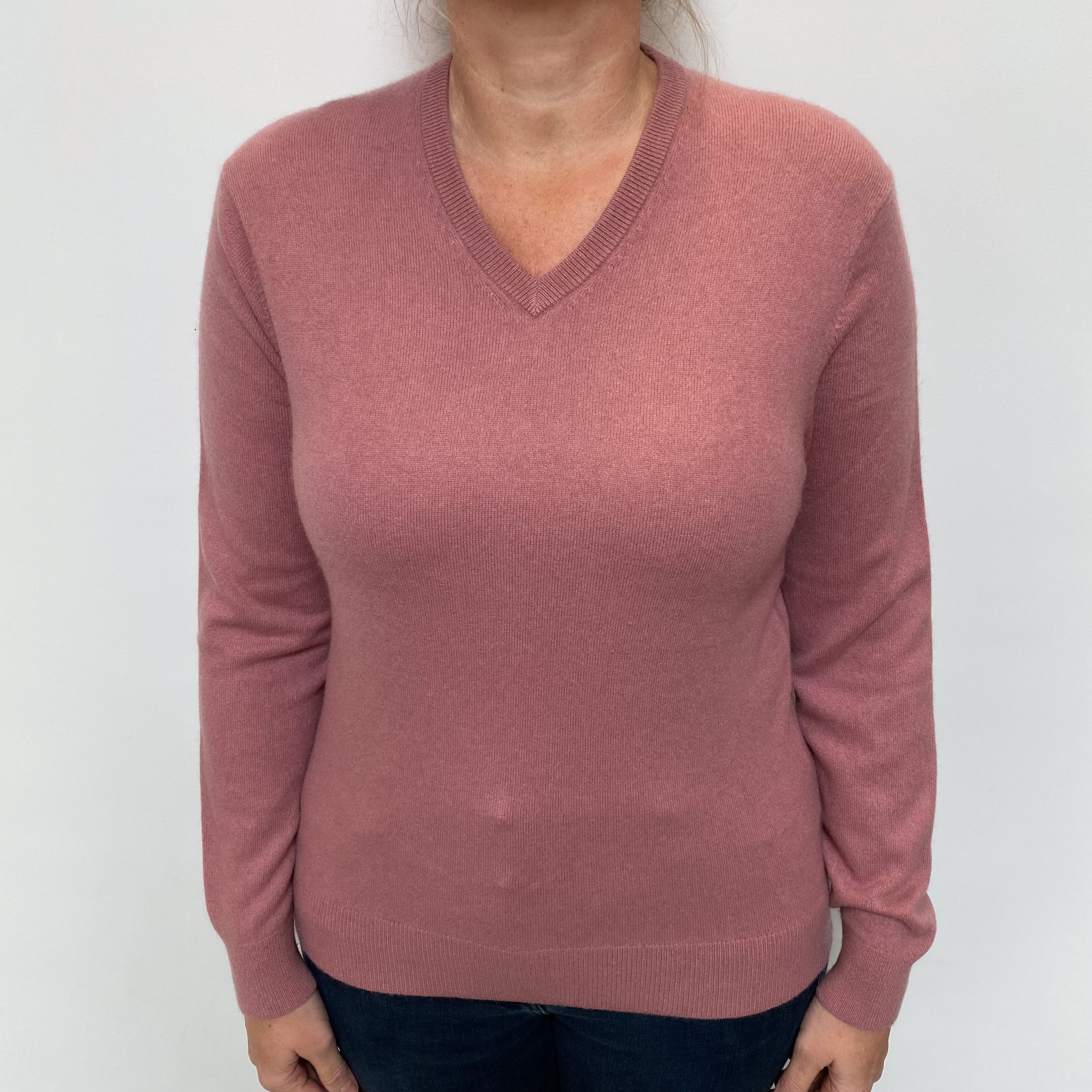 Heather Pink Cashmere V Neck Jumper Large