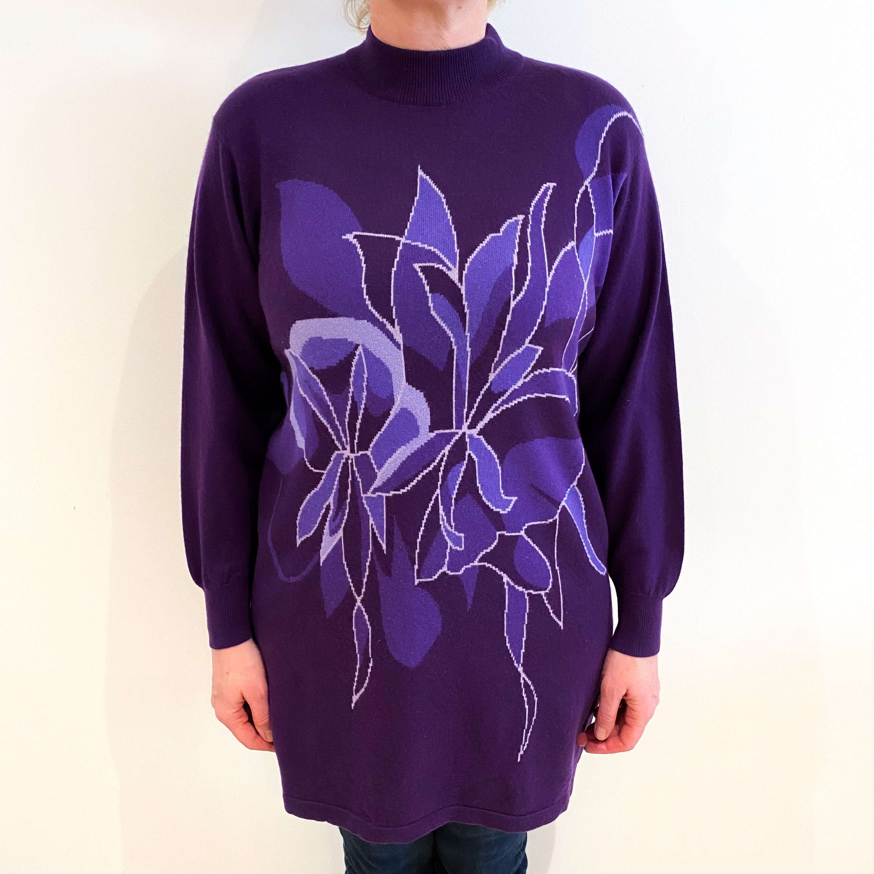 Pansy Purple Floral Cashmere Turtle Neck Tunic Jumper Large