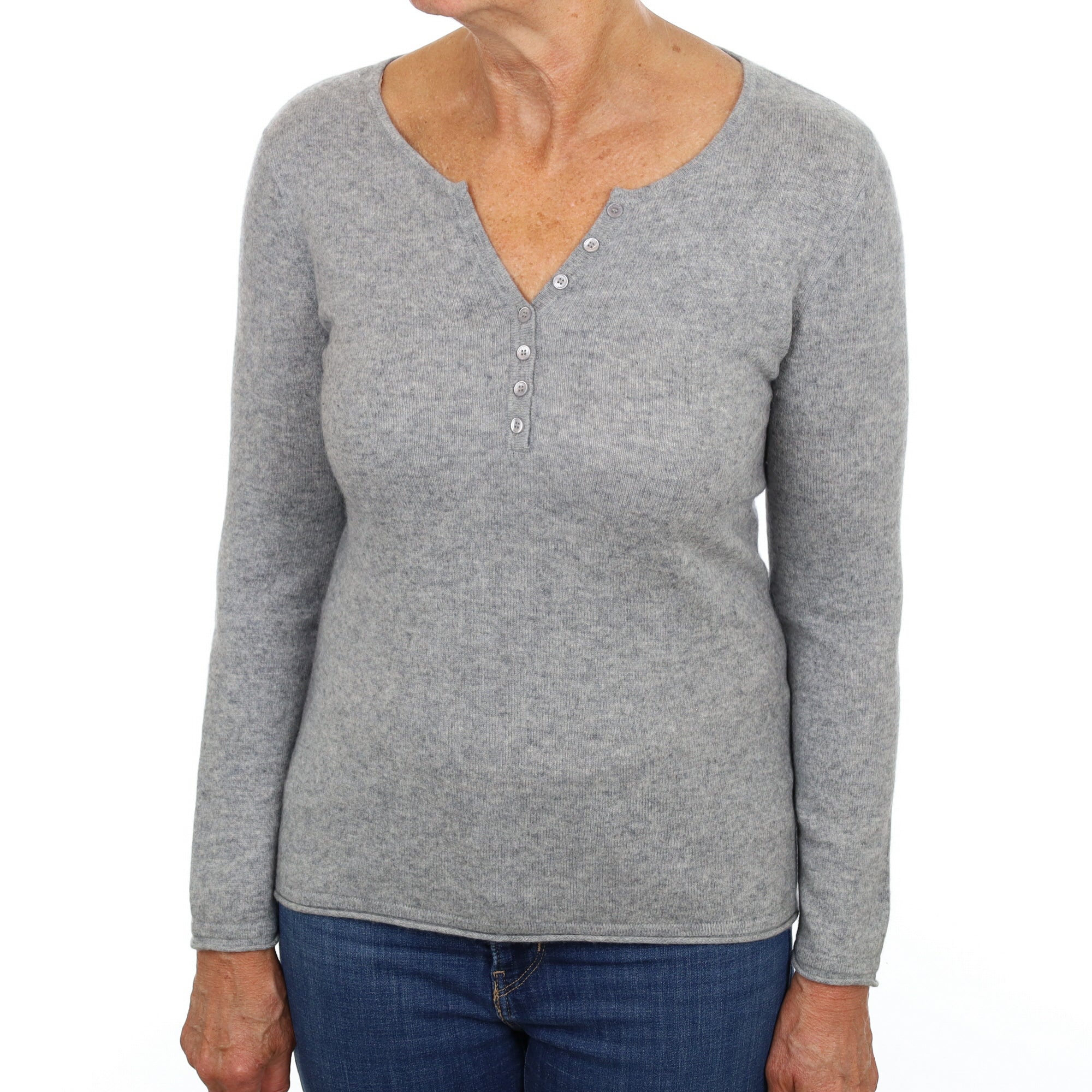 Smoke Grey Cashmere 1/4 Button V Neck Jumper Medium
