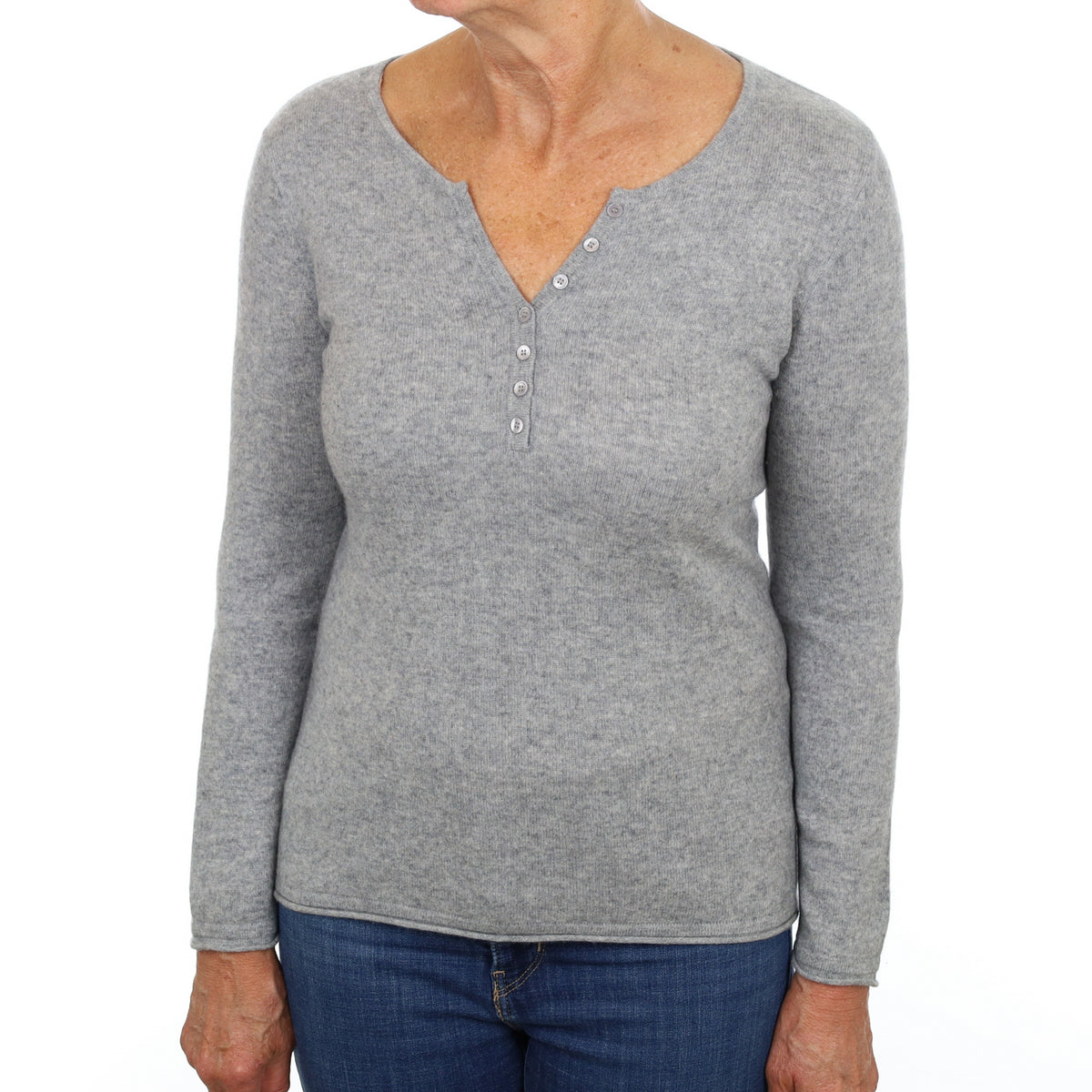 Smoke Grey Cashmere 1/4 Button V Neck Jumper Medium