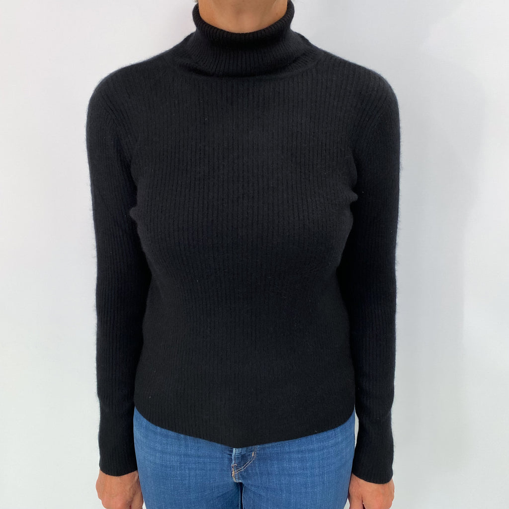 Black Cashmere Polo Neck Ribbed Knit Jumper Medium