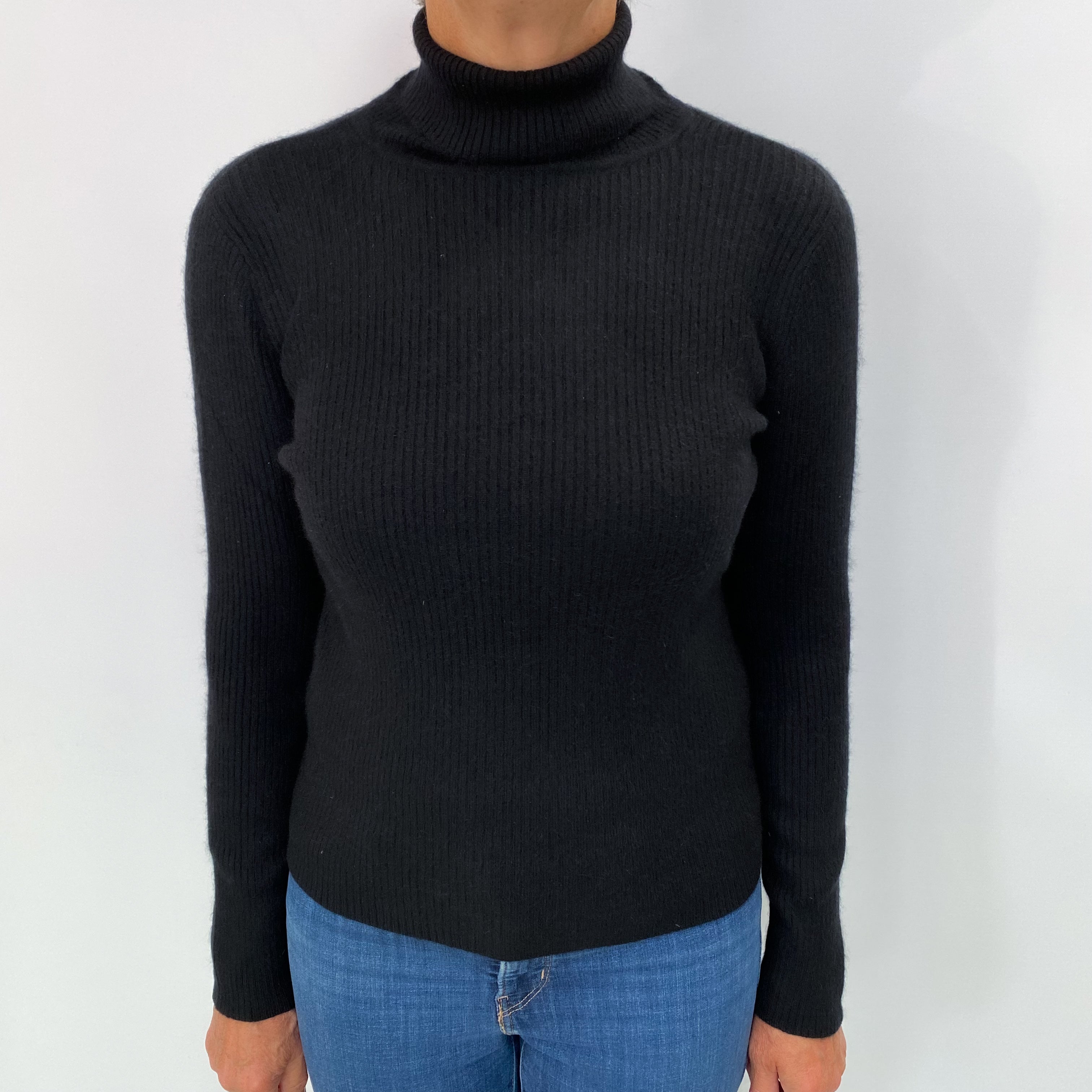 Black Cashmere Polo Neck Ribbed Knit Jumper Medium