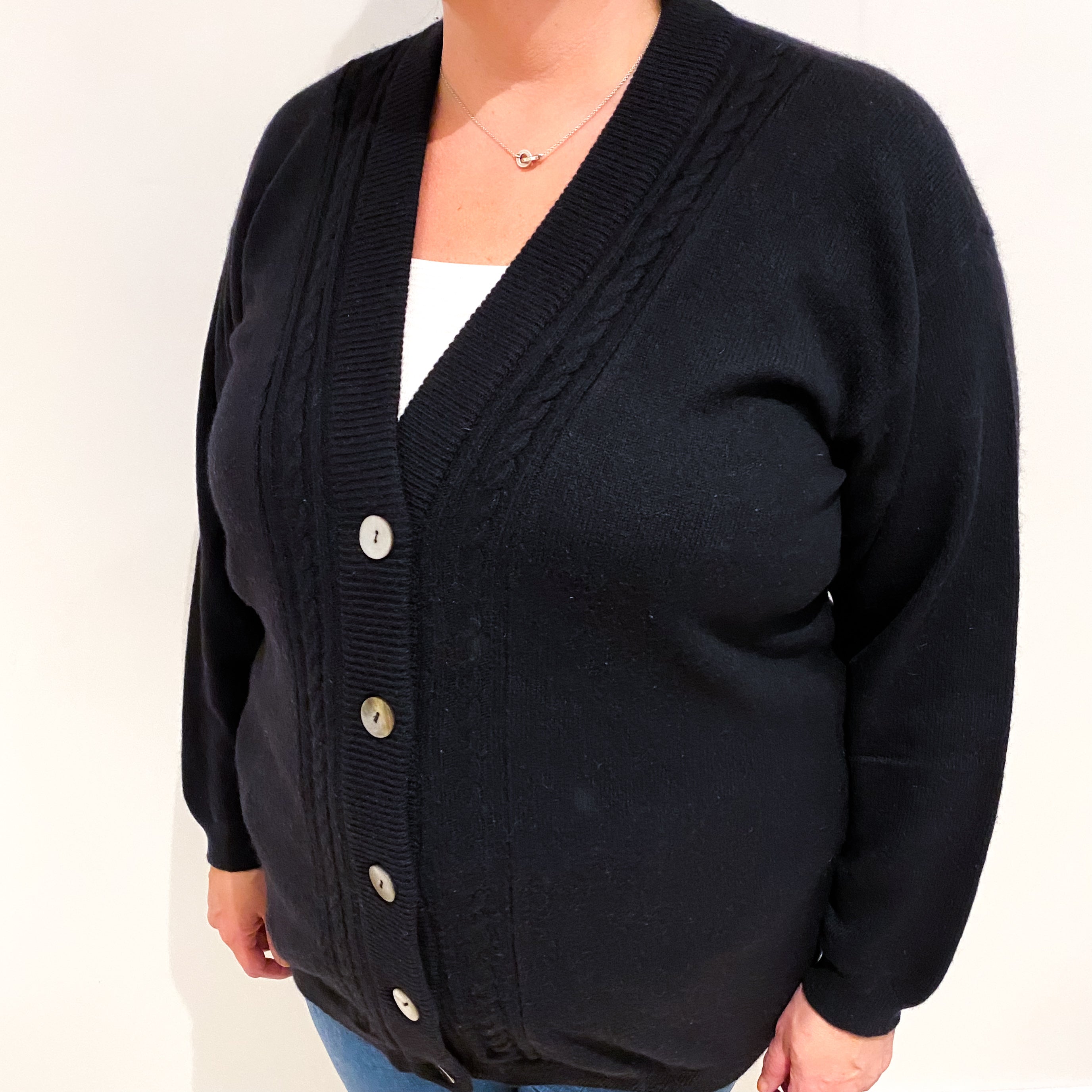 Jaeger Black Cashmere Chunky V Neck Cardigan Extra Large