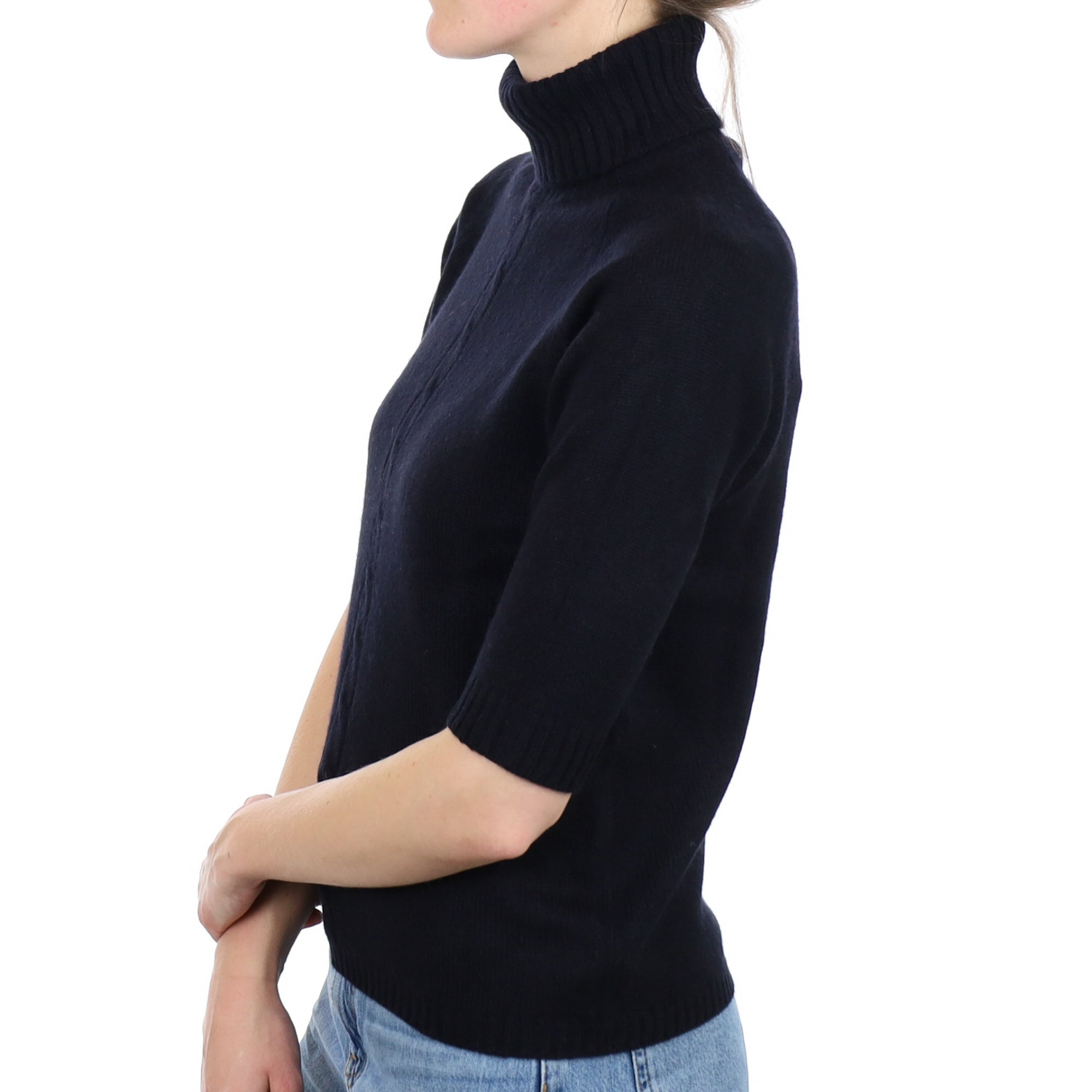 Black Cable Detail Cashmere Short Sleeve Polo Neck Jumper Small