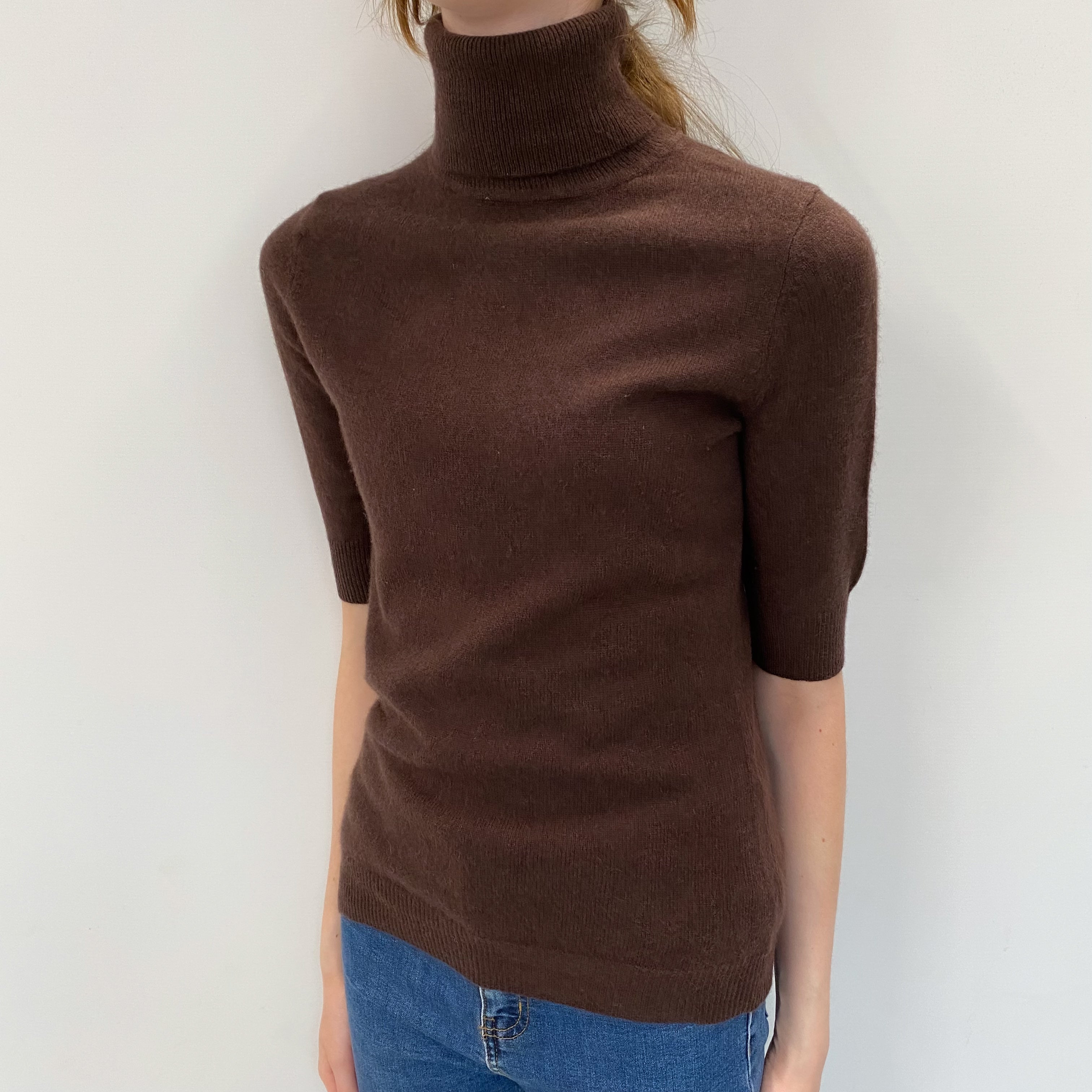 Chocolate Brown Cashmere Short Sleeved Polo Neck Jumper Extra Small