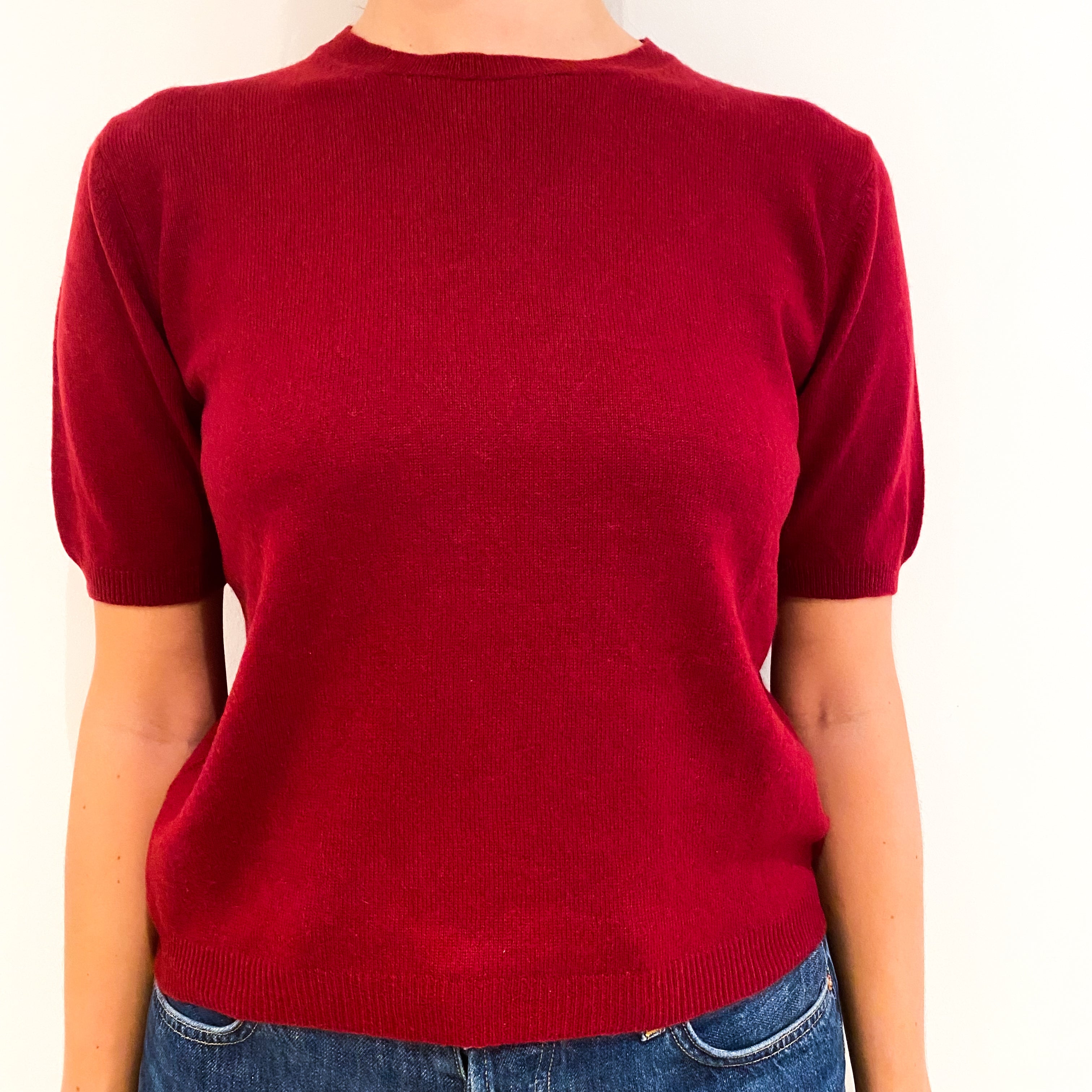 Crimson Red Short Sleeved Cashmere Crew Neck Jumper Medium