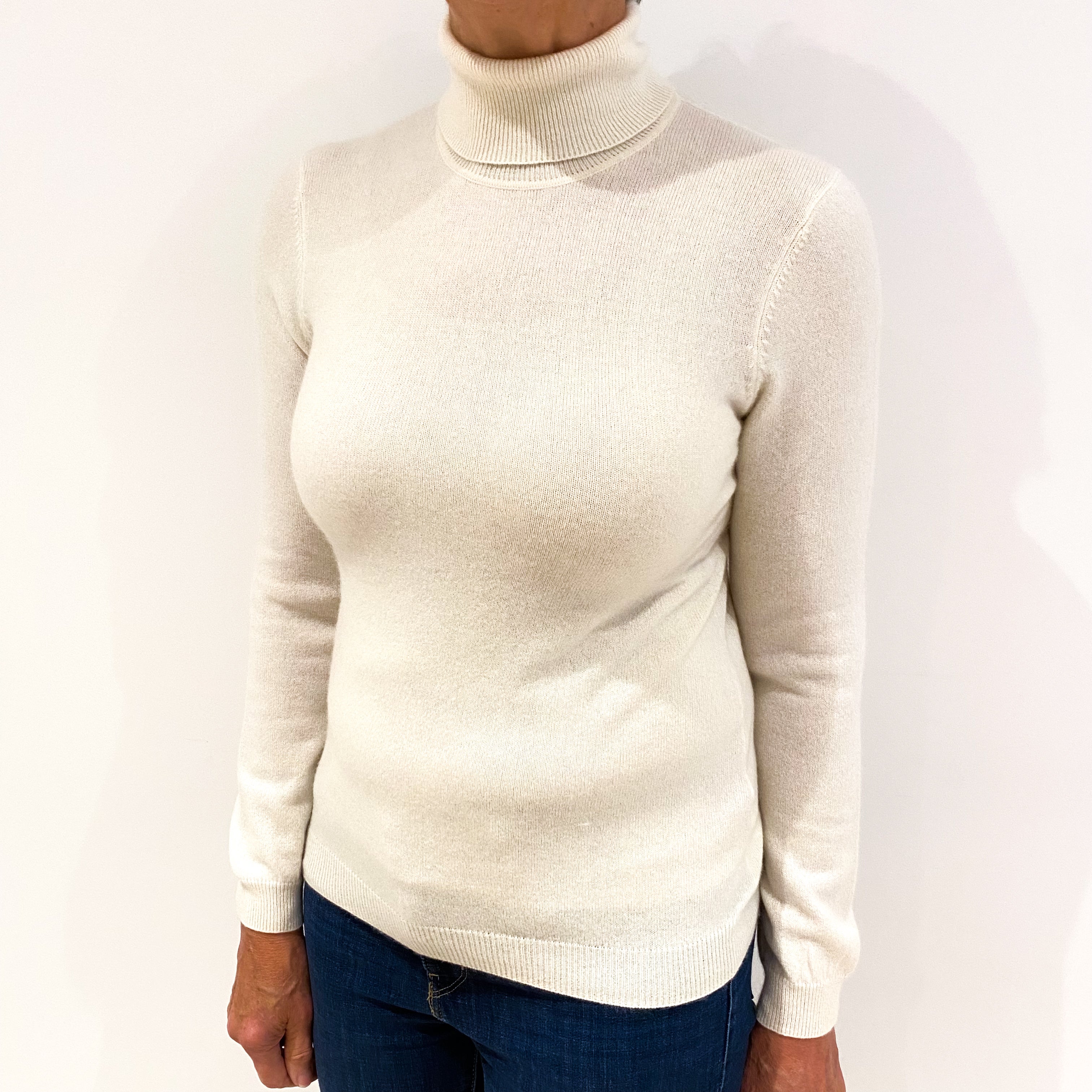 Pale Cream Cashmere Polo Neck Jumper Medium