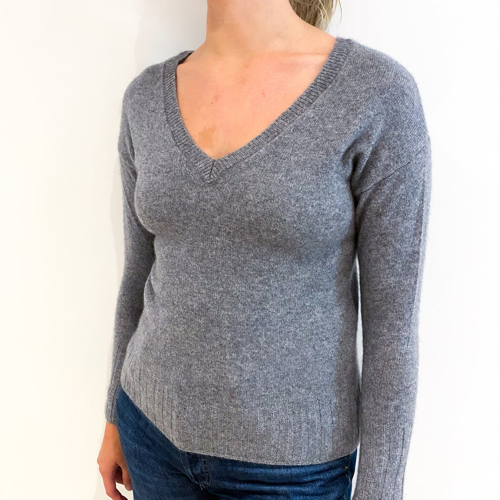 Ash Grey Cashmere V-Neck Jumper Small