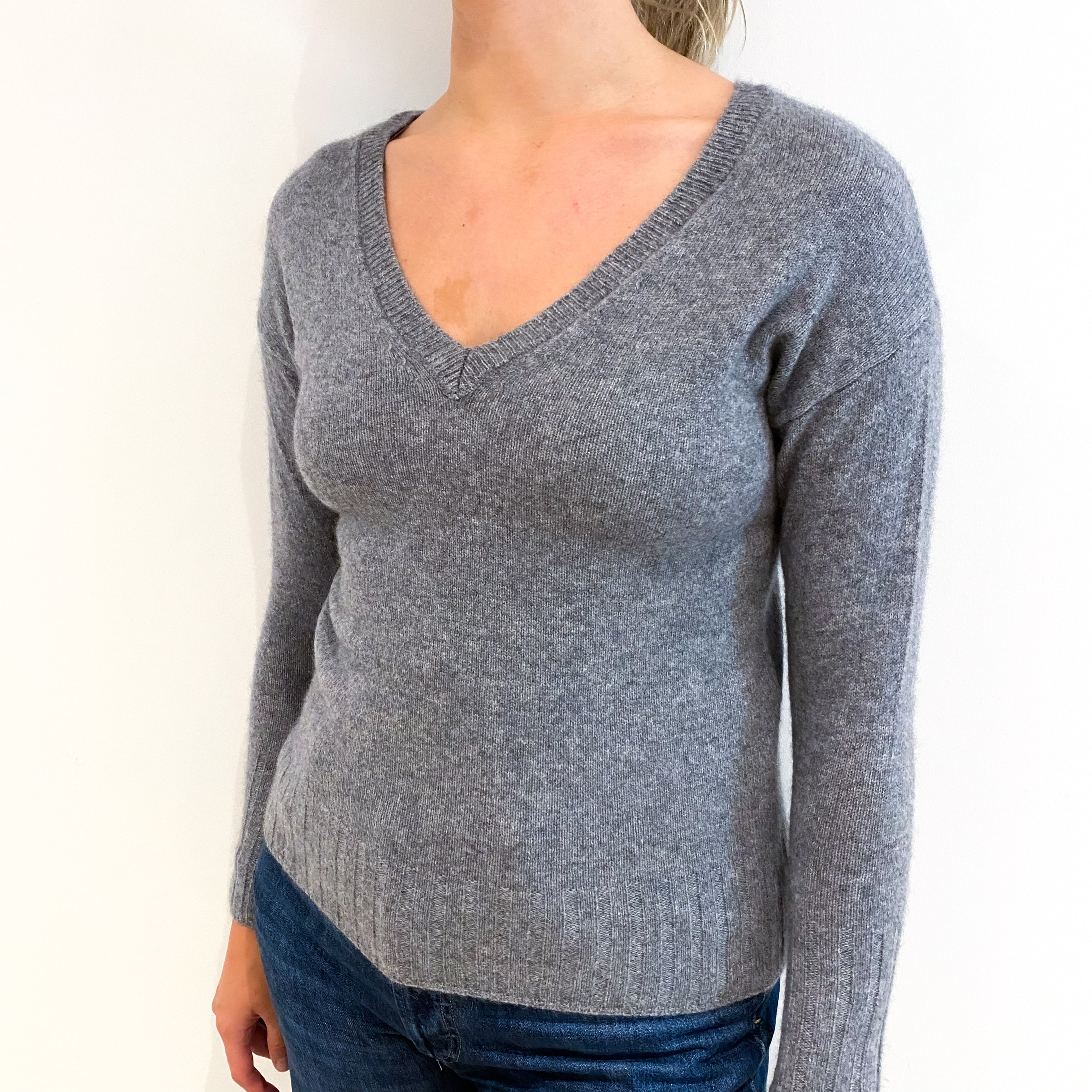 Ash Grey Cashmere V-Neck Jumper Small