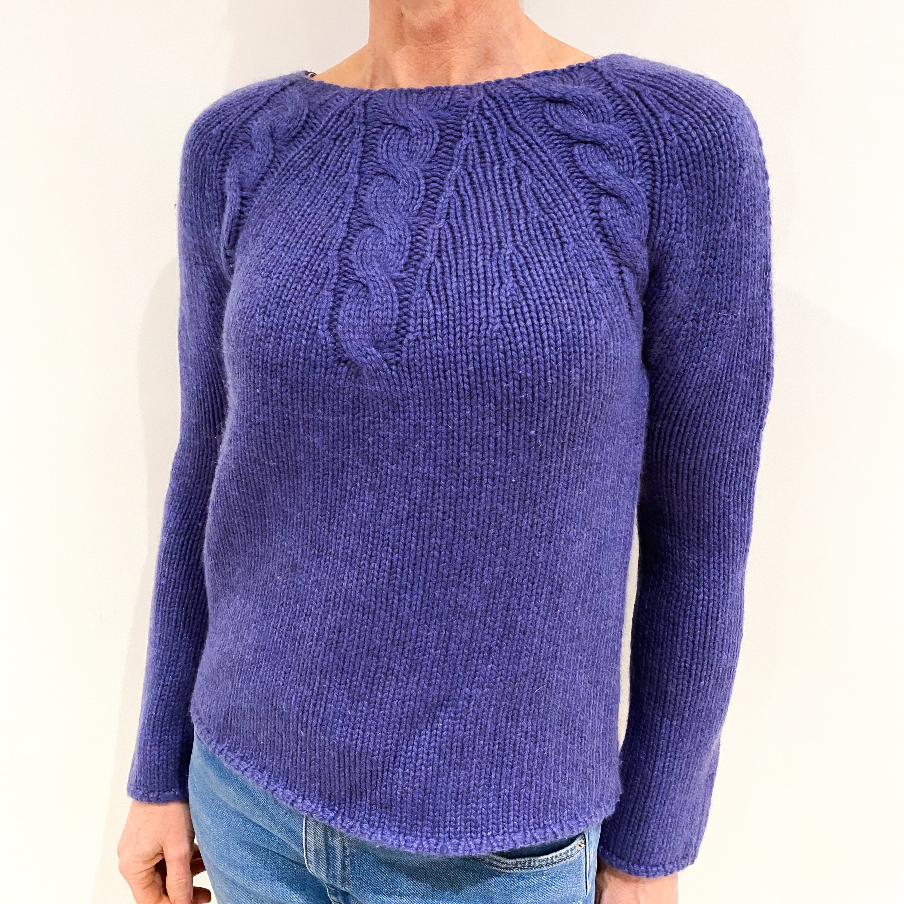 Johnstons Amethyst Purple Cashmere Crew Neck Cable Knit Jumper Small