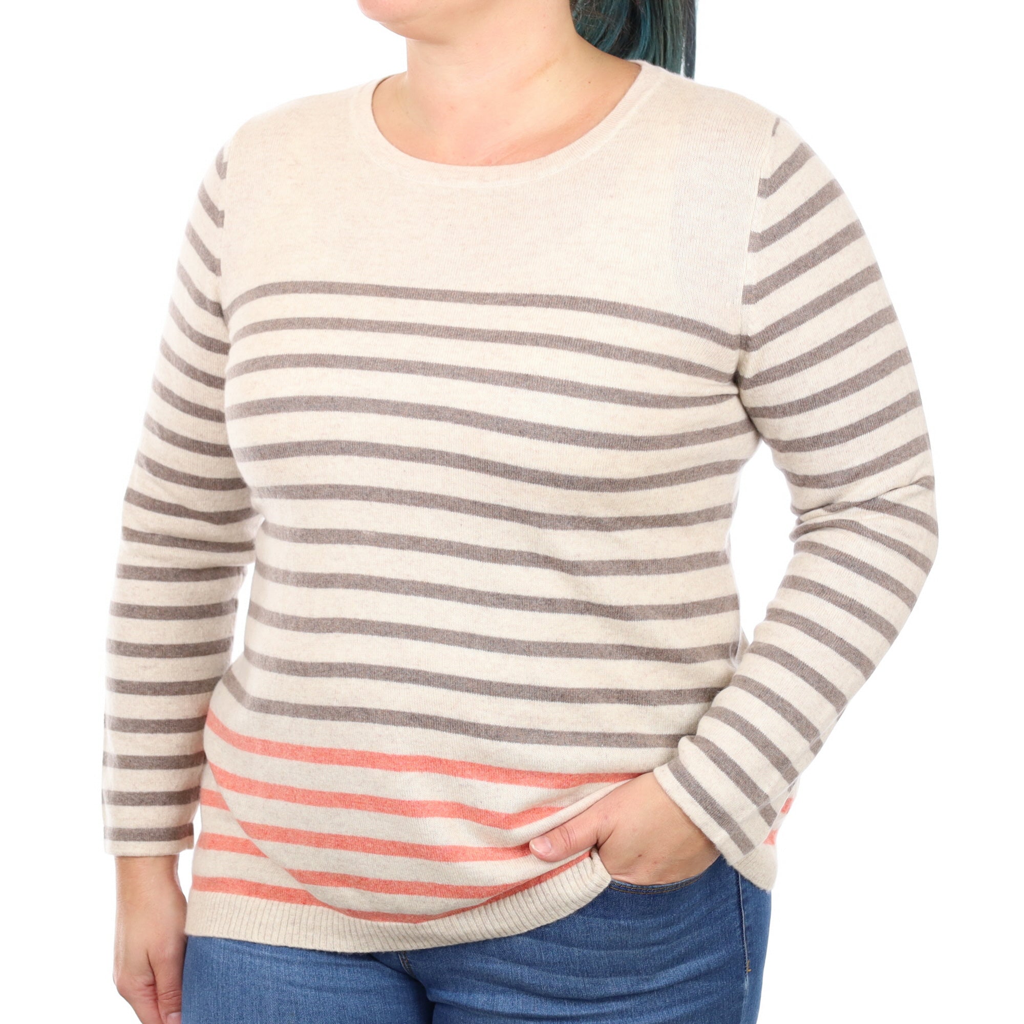 Oatmeal Stripe Cashmere Crew Neck Jumper Large
