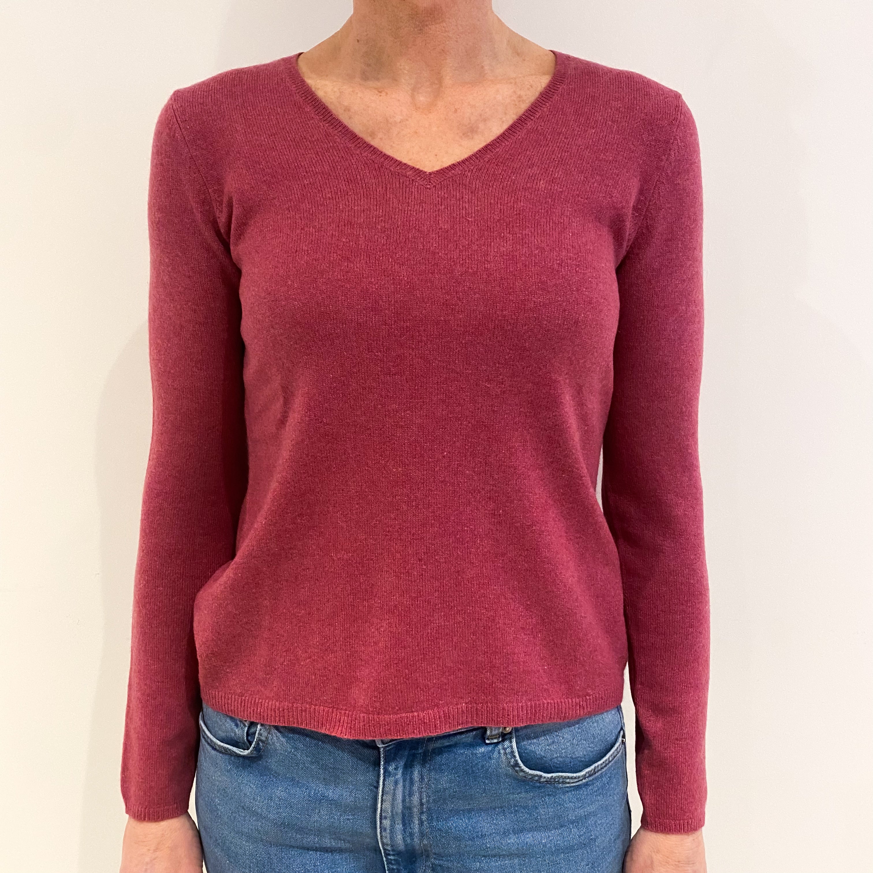 Heather Pink Cashmere V Neck Jumper Small