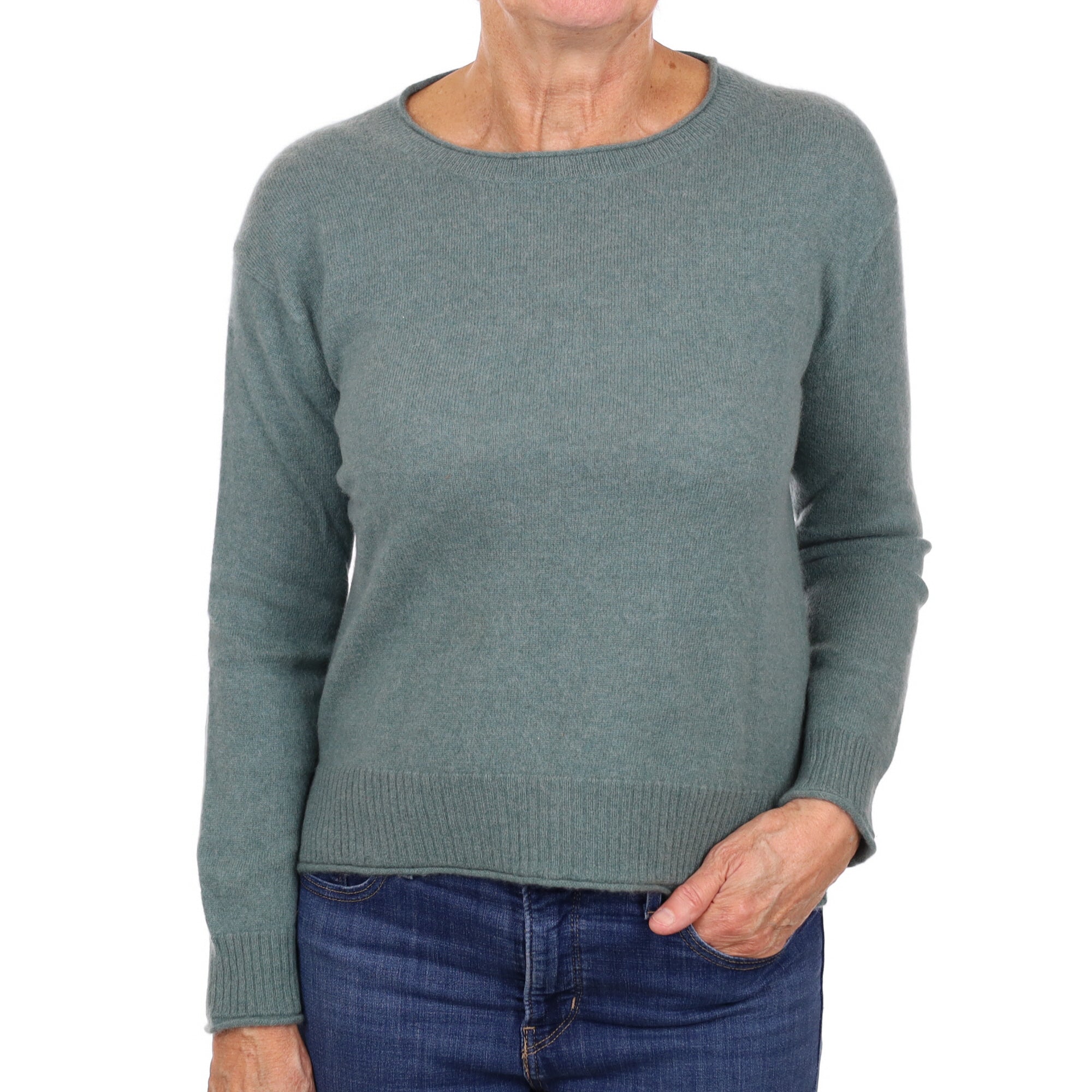 Dusky Green Cashmere Crew Neck Jumper Medium