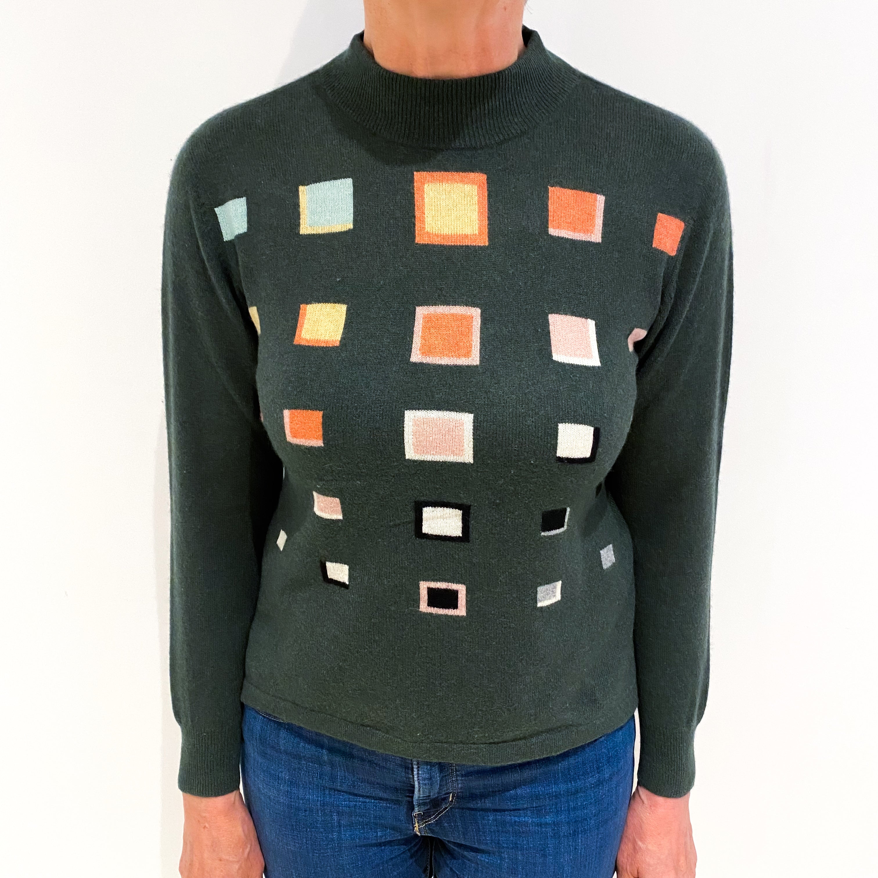 Seaweed Green Patterned Cashmere Turtle Neck Jumper Medium
