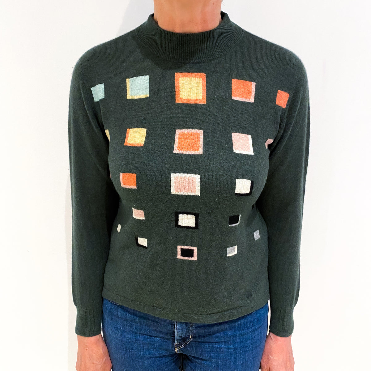 Seaweed Green Patterned Cashmere Turtle Neck Jumper Medium