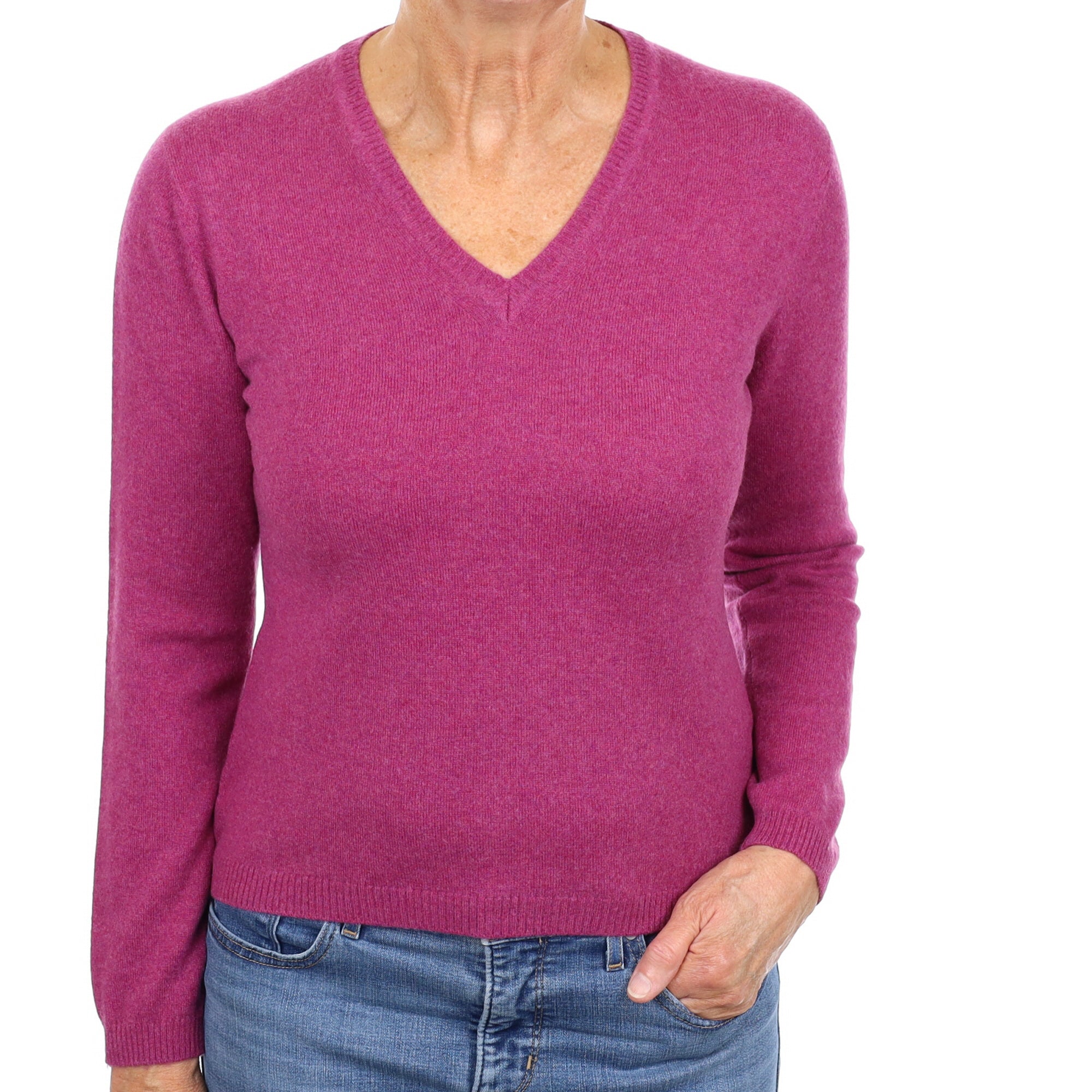 Magenta Pink Cashmere V Neck Jumper Medium