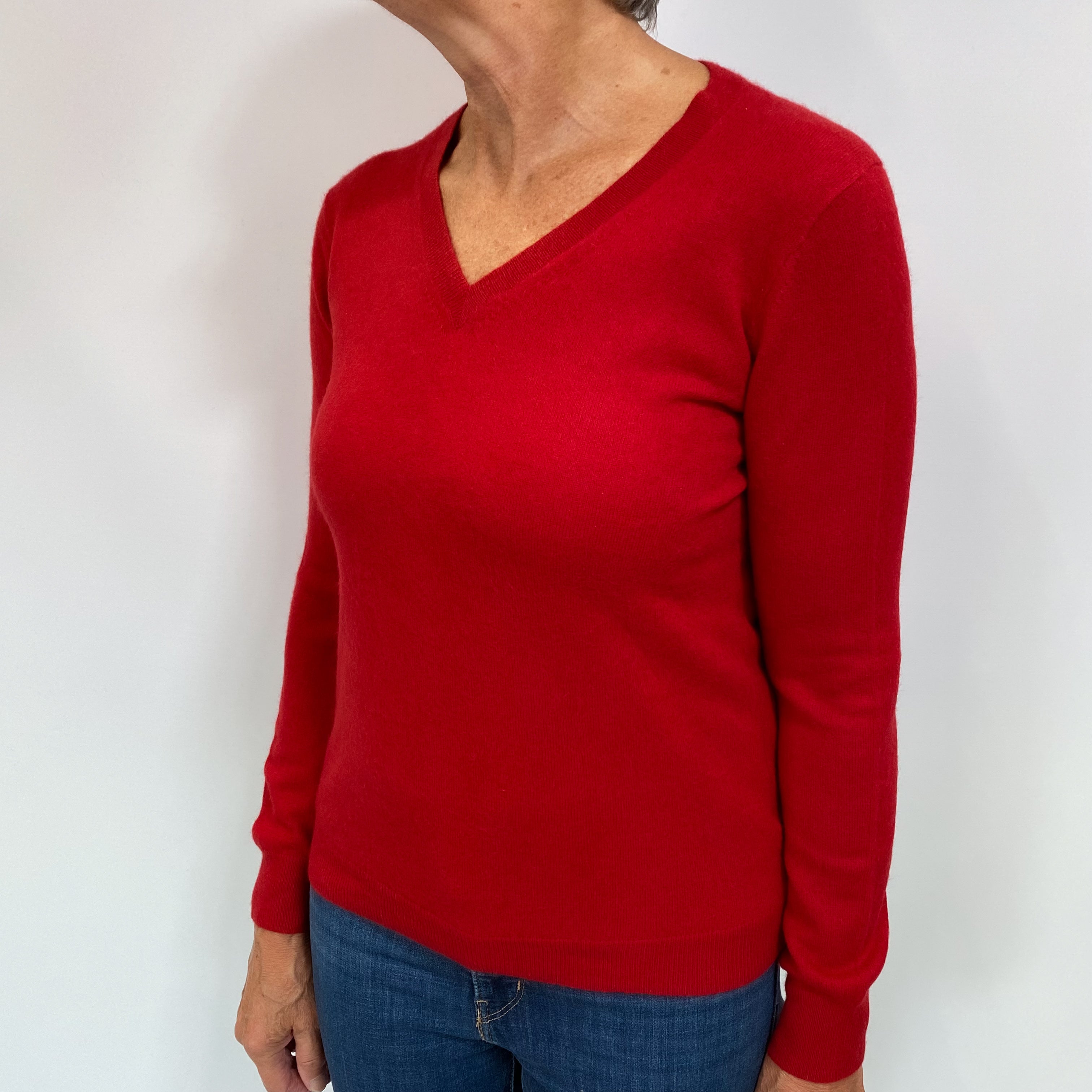 Post Box Red Cashmere V Neck Jumper Medium