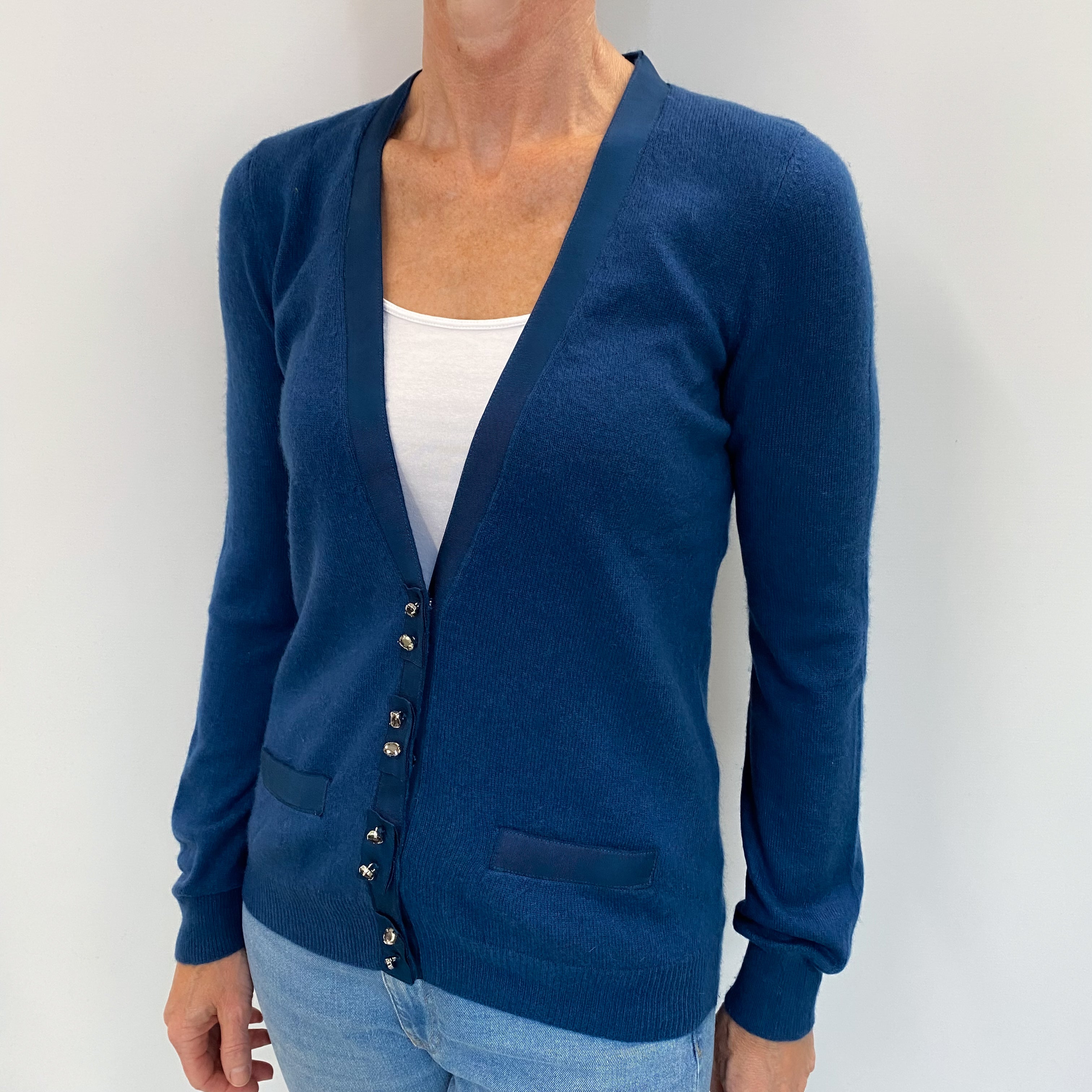 Petrol Blue Cashmere V Neck Cardigan Small