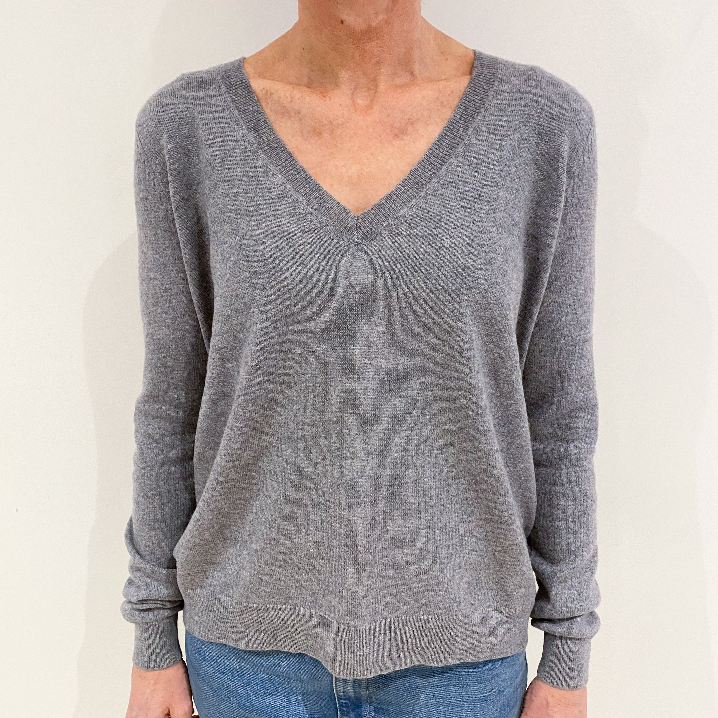 Ash Grey Slouchy Cashmere V Neck Jumper Small