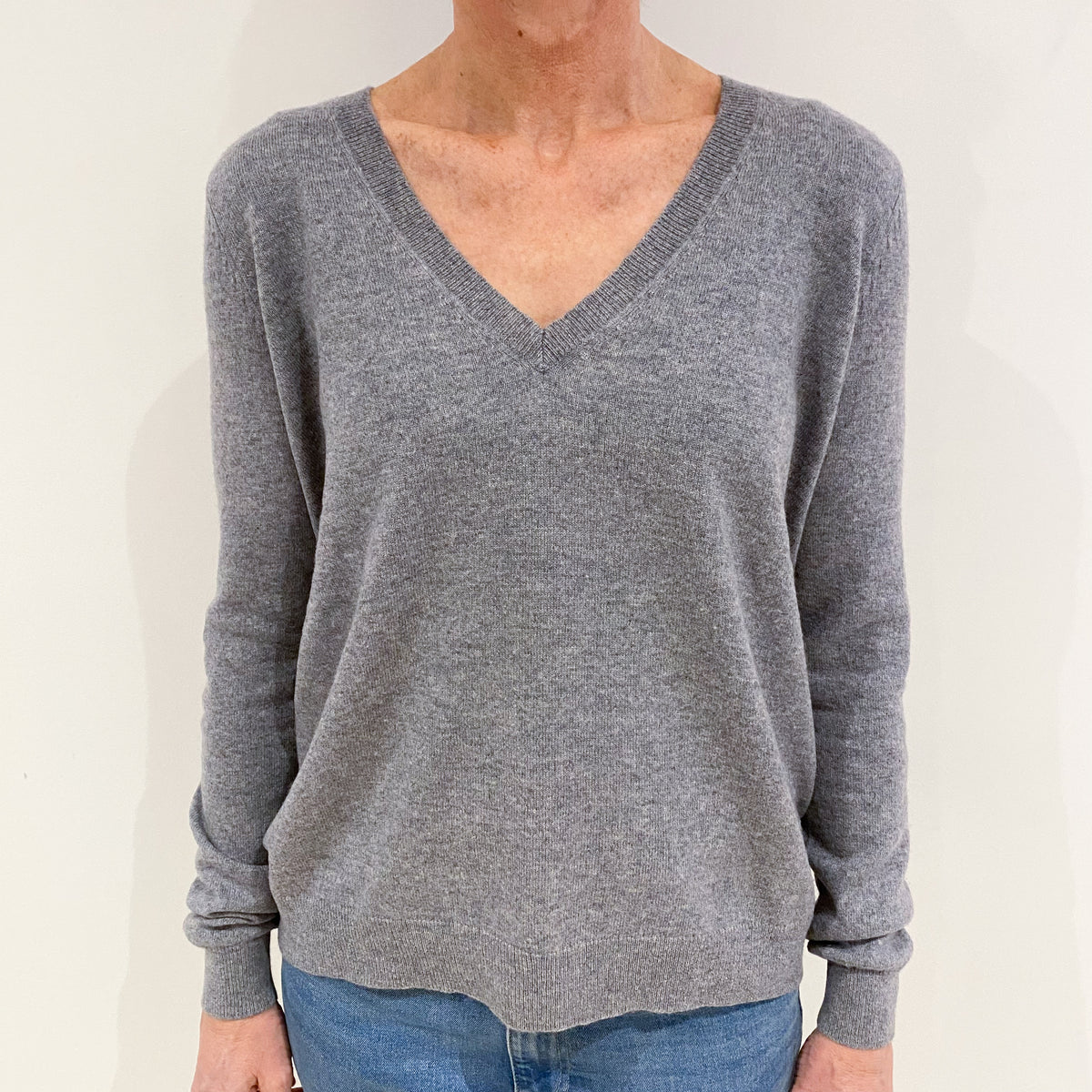 Ash Grey Slouchy Cashmere V Neck Jumper Small