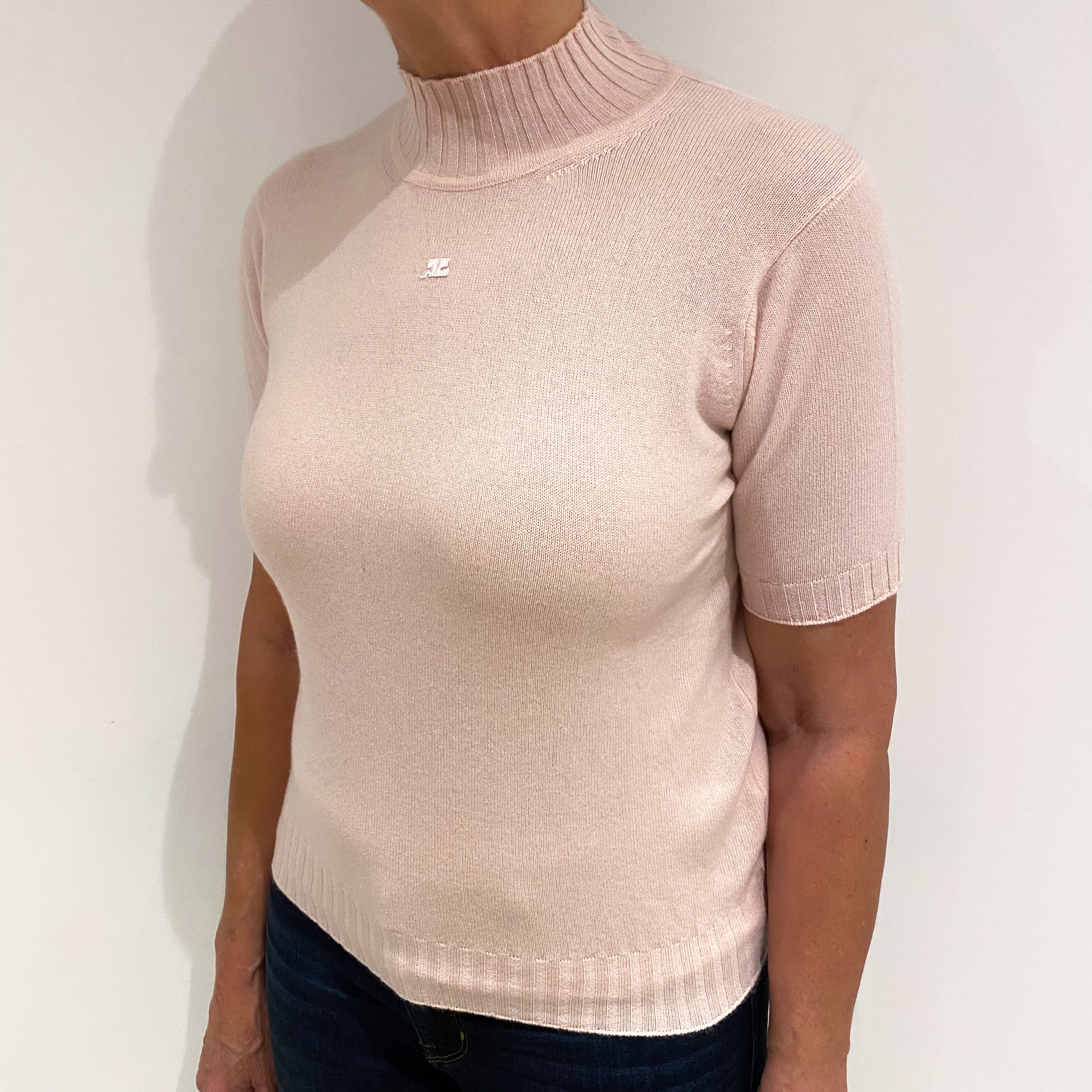 Pale Pink Cashmere Short Sleeve Turtle Neck Jumper Medium