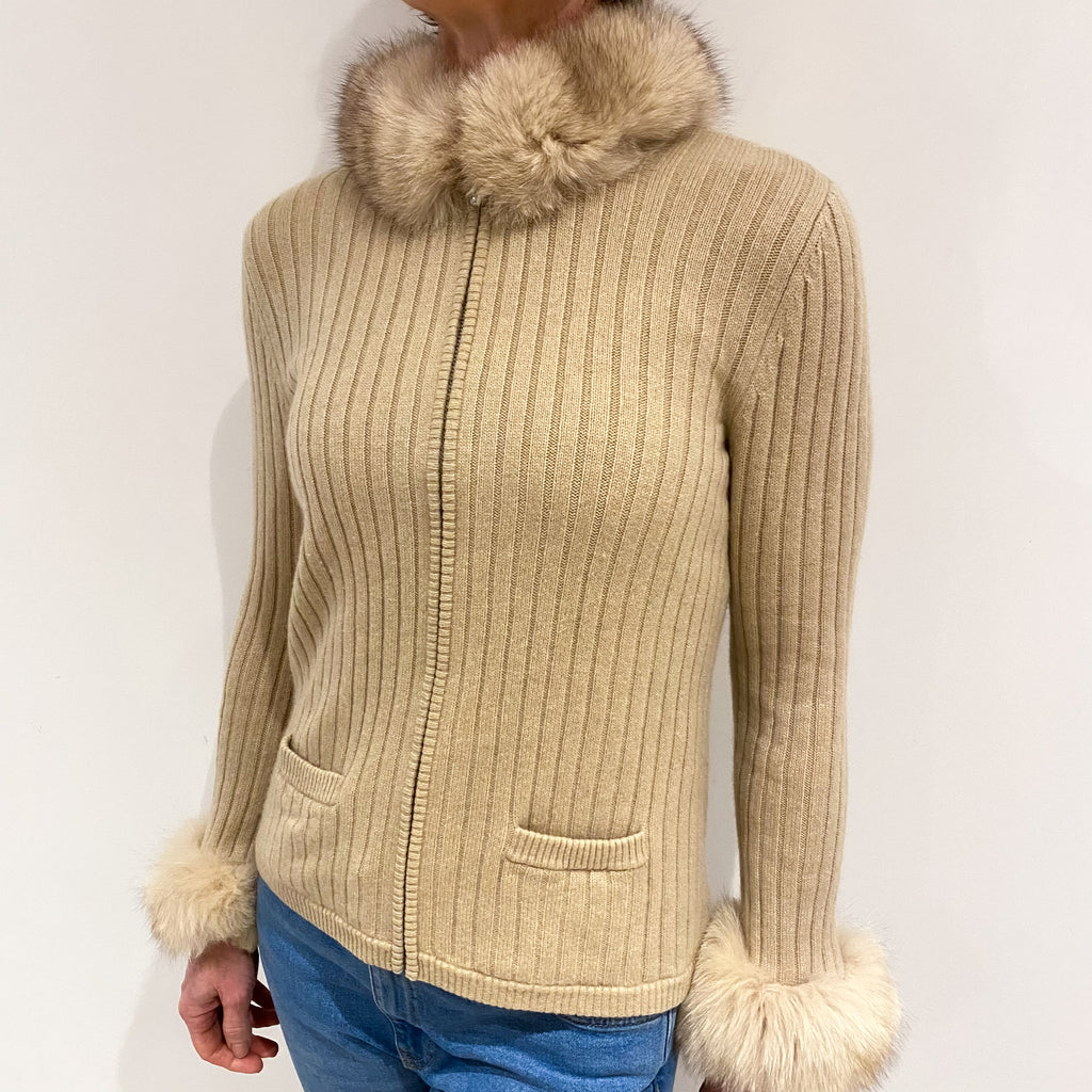 Sand Beige Fur Trim Cashmere Zip Up Cardigan with Pockets Small